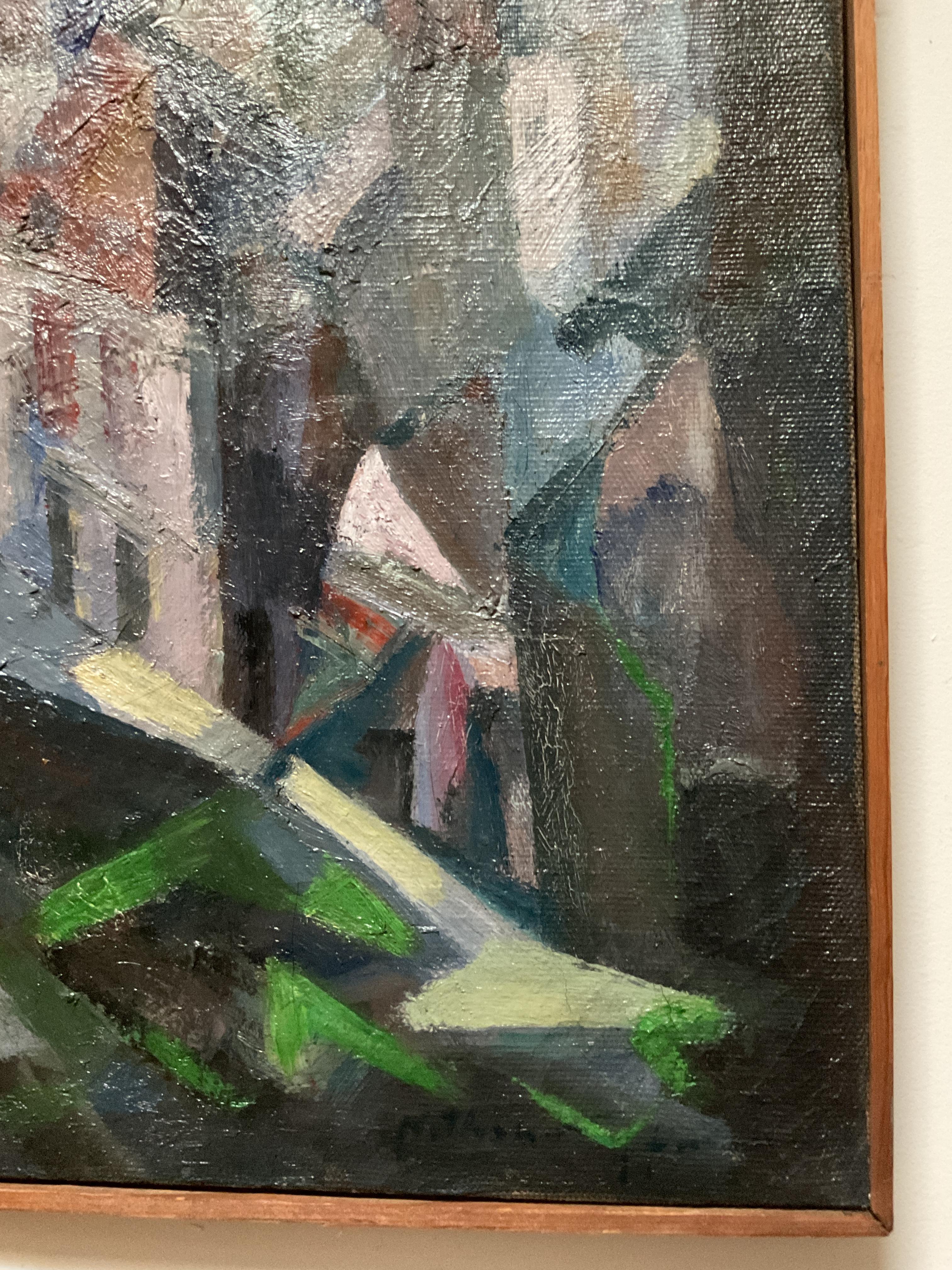 Peinture à l'huile cubiste vintage de New York (Manhattan) par Nathaniel Hoffman, 1962 6