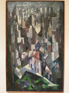 Vintage Cubist New York City (Manhattan) Oil Painting by Nathaniel Hoffman, 1962