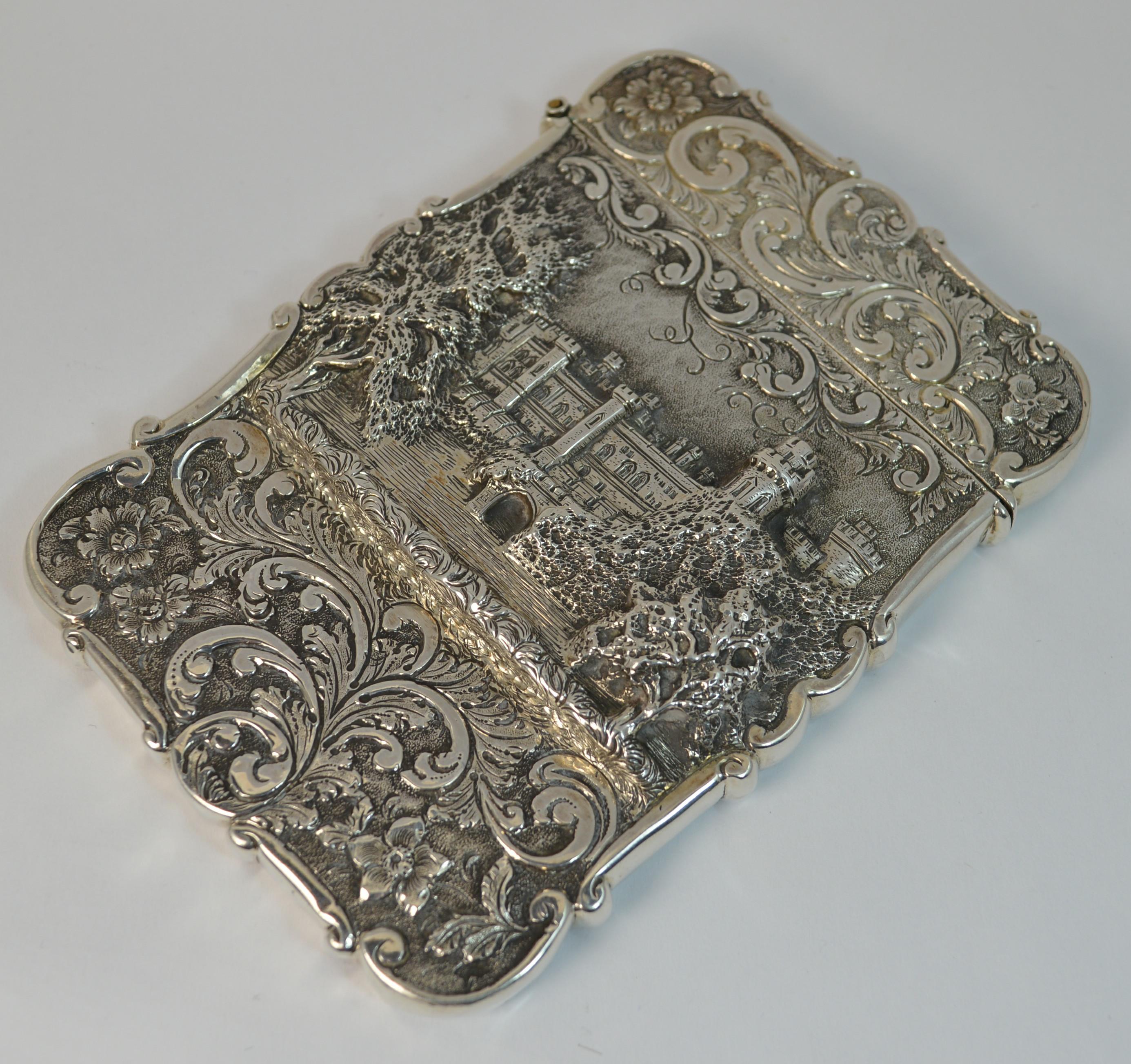 Nathaniel Mills Castle Top Solid Silver Victorian Card Case of Kenilworth Castle In Excellent Condition In St Helens, GB