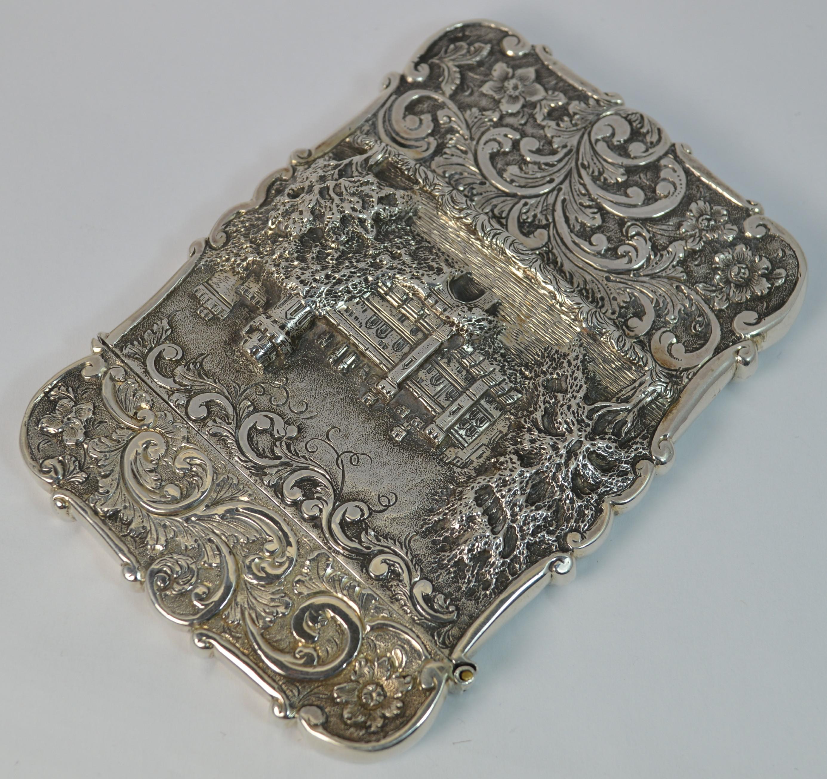 Women's or Men's Nathaniel Mills Castle Top Solid Silver Victorian Card Case of Kenilworth Castle