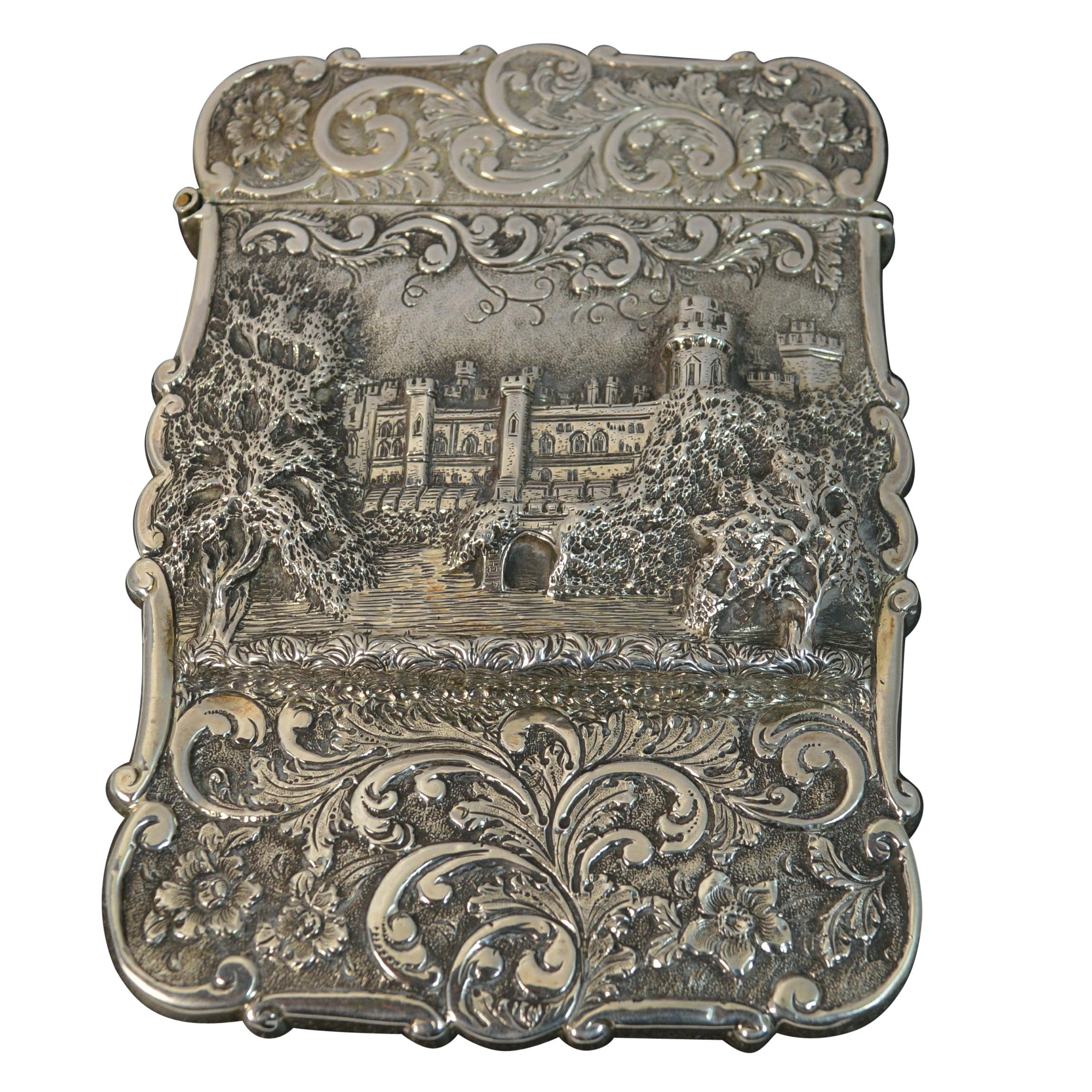 Nathaniel Mills Castle Top Solid Silver Victorian Card Case of Kenilworth Castle