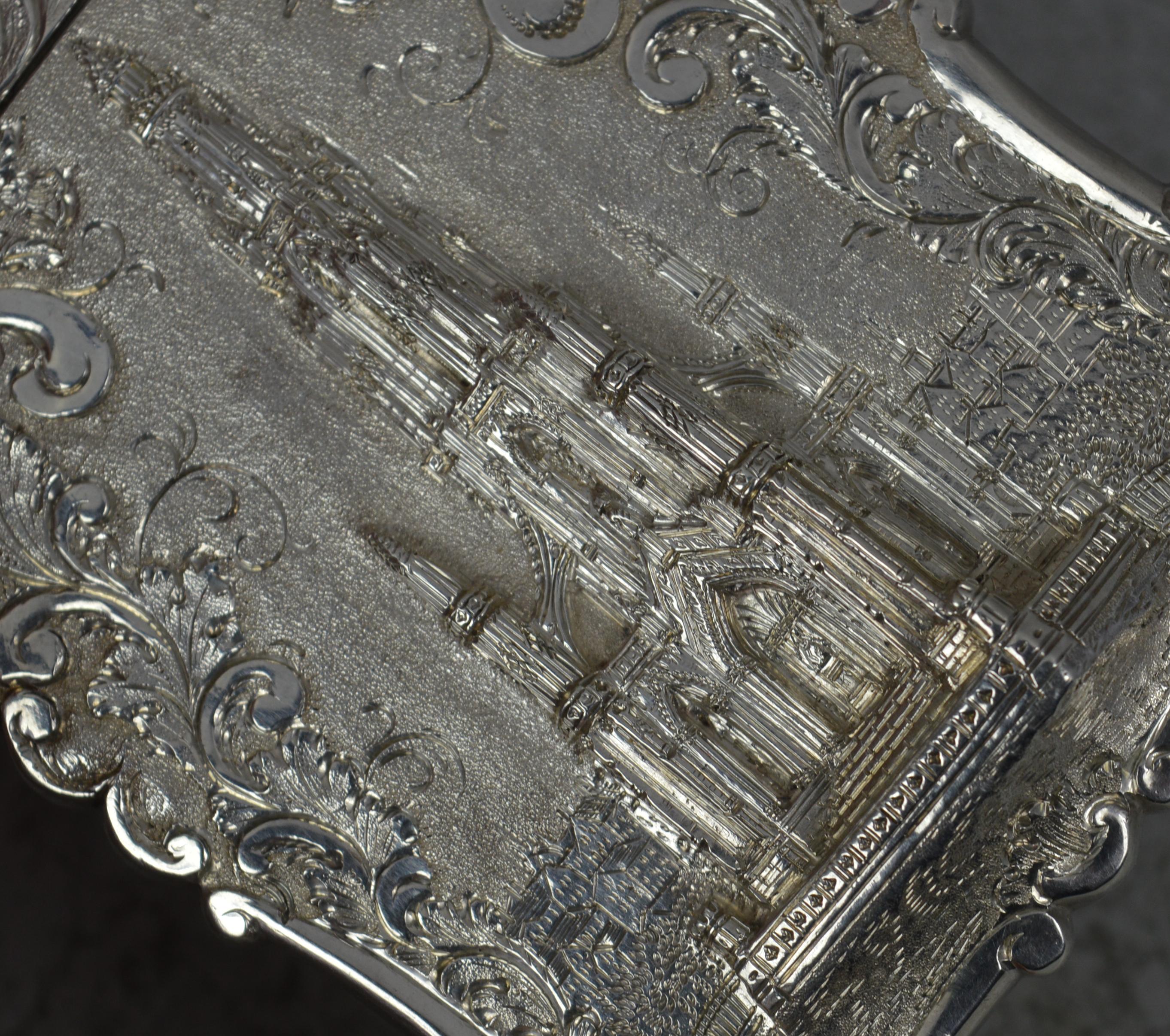 Nathaniel Mills Castle Top viktorianisches Kartenetui aus massivem Silber, The Scott Memorial im Zustand „Gut“ im Angebot in St Helens, GB