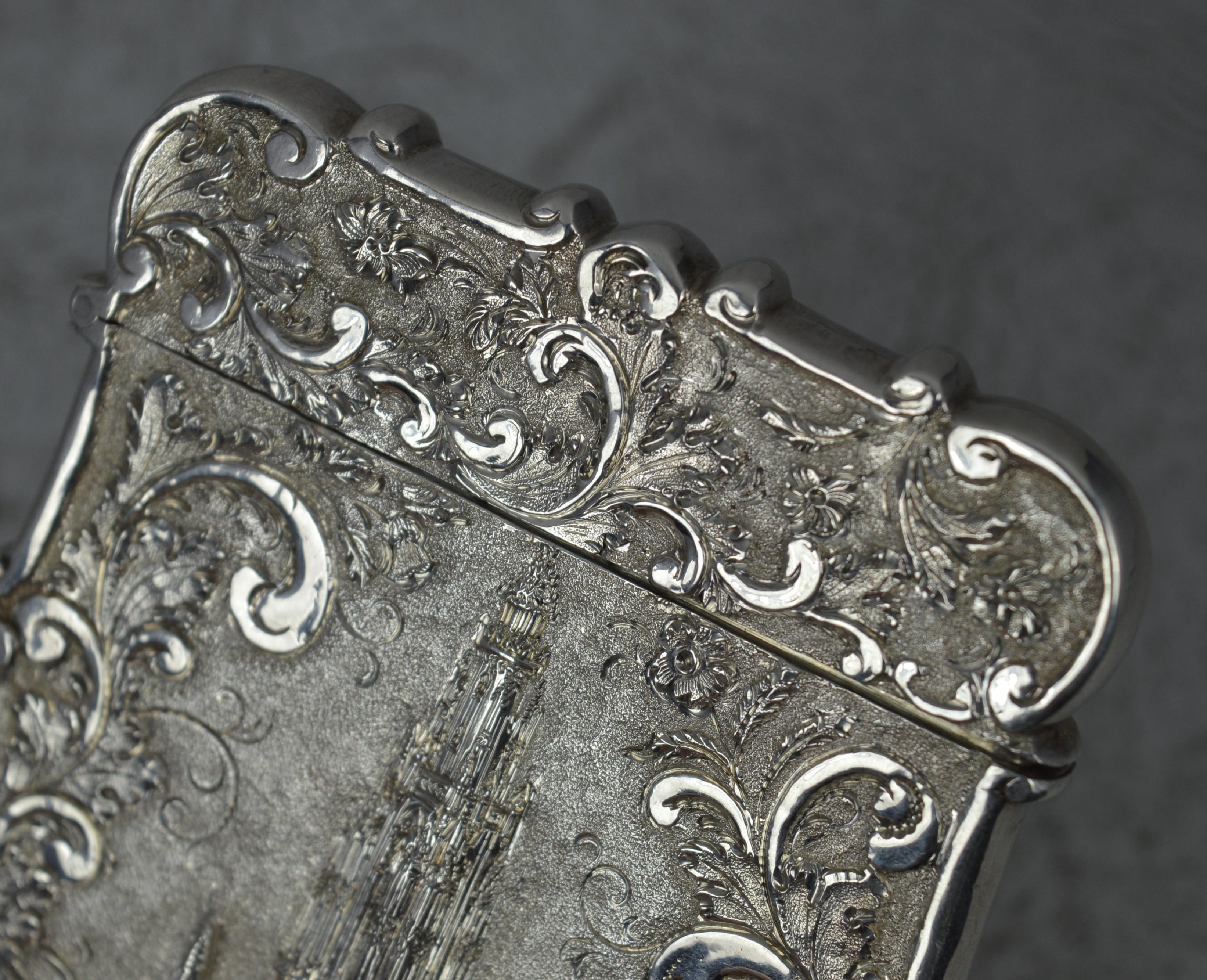 Nathaniel Mills Castle Top viktorianisches Kartenetui aus massivem Silber, The Scott Memorial im Angebot 3