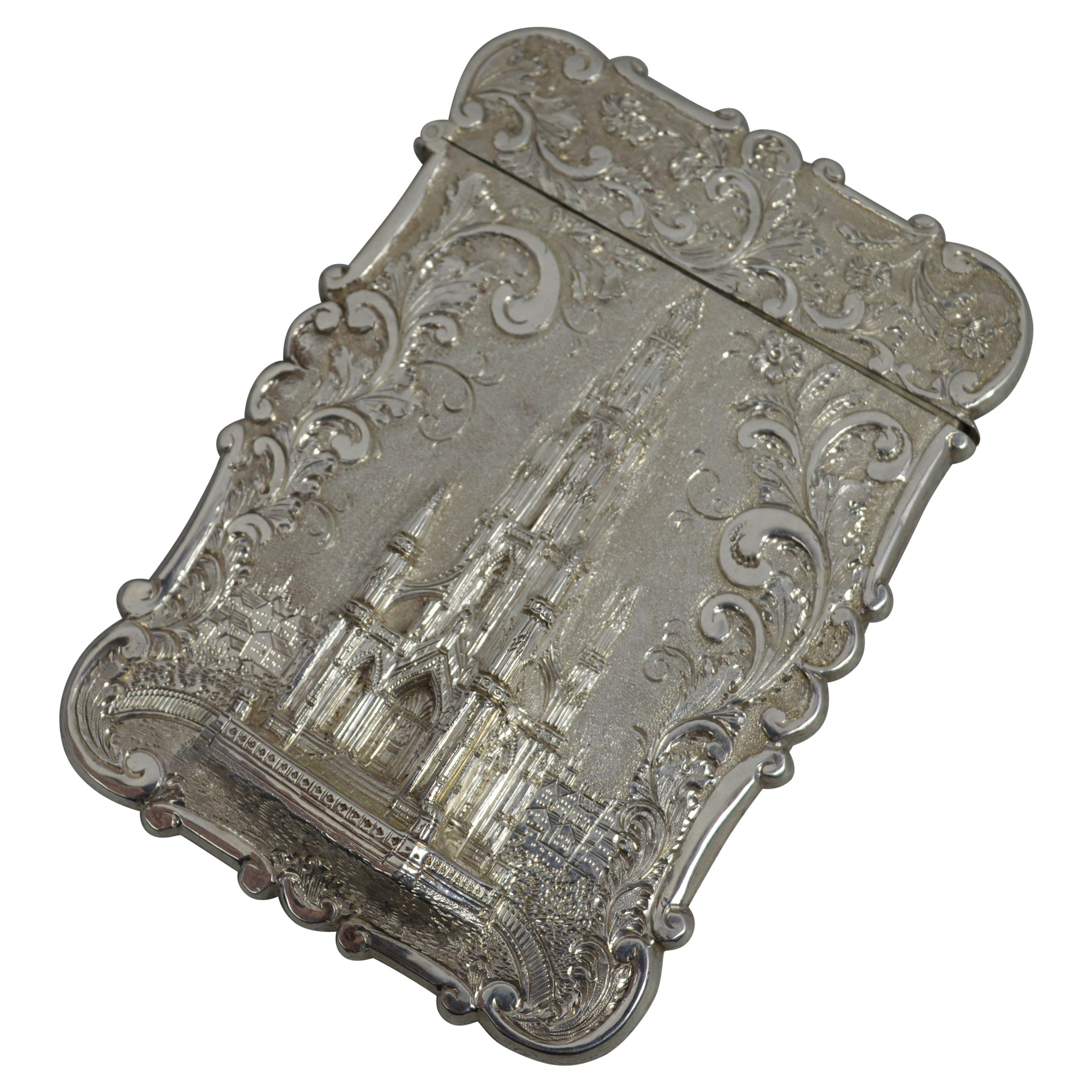 Nathaniel Mills Castle Top viktorianisches Kartenetui aus massivem Silber, The Scott Memorial im Angebot