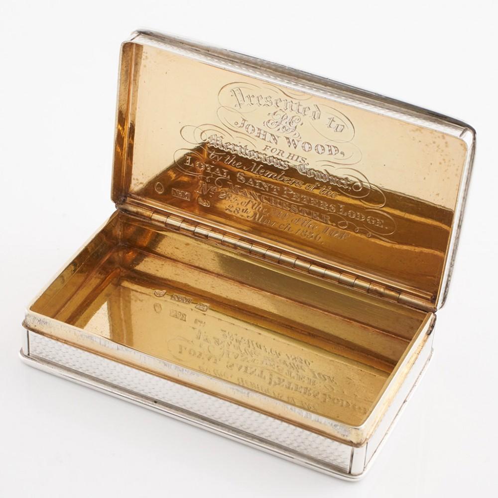 Heading : Nathaniel Mills sterling silver snuff box
Date : Hallmarked in Birmingham in 1835 for Nathanial Mills
Period : William IV
Origin : Birmingham, England
Decoration : The body is embellished with exceptional machine engraved decoration -