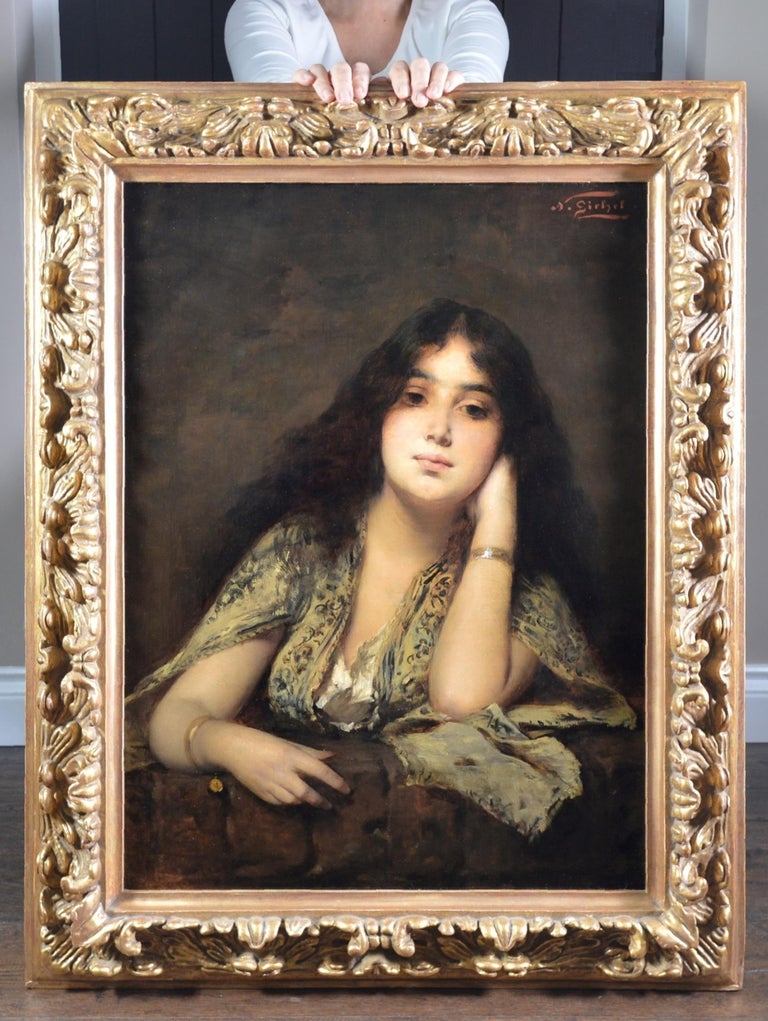 A Montenegrin Girl - Large 19th Century Orientalist Beauty Portrait Oil Painting - Brown Portrait Painting by Nathaniel Sichel
