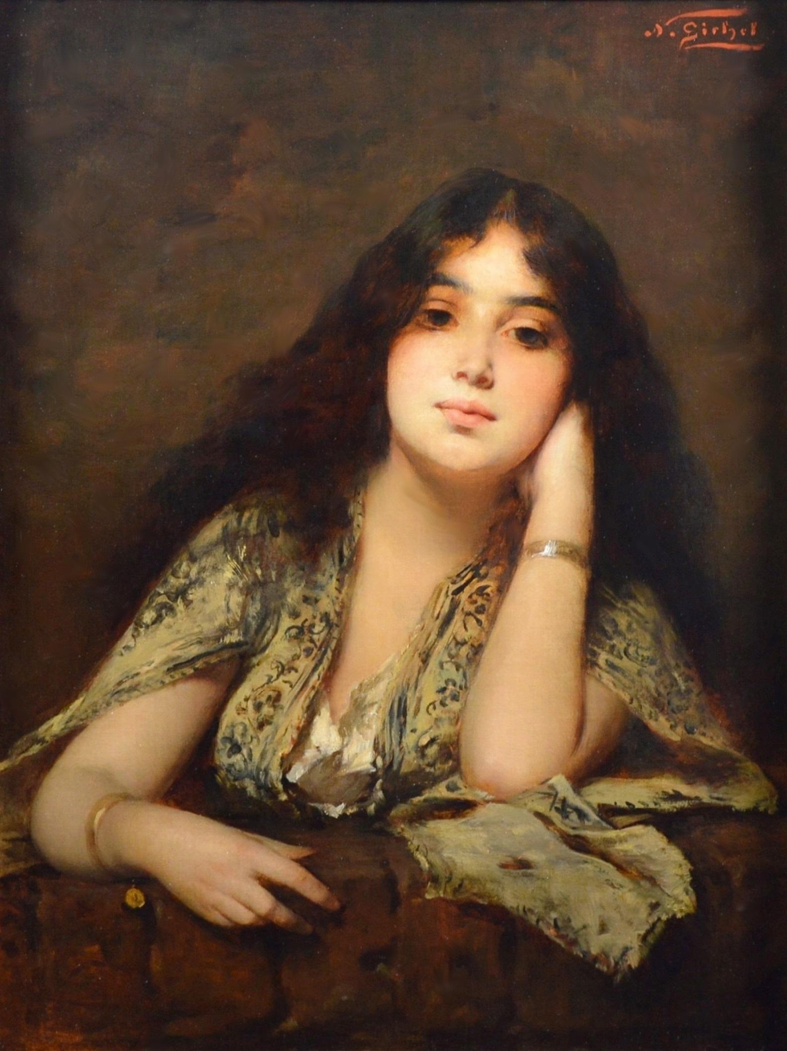 Montenegrin Girl - 19th Century Portrait Oil Painting of Orientalist Beauty - Black Figurative Painting by Nathaniel Sichel