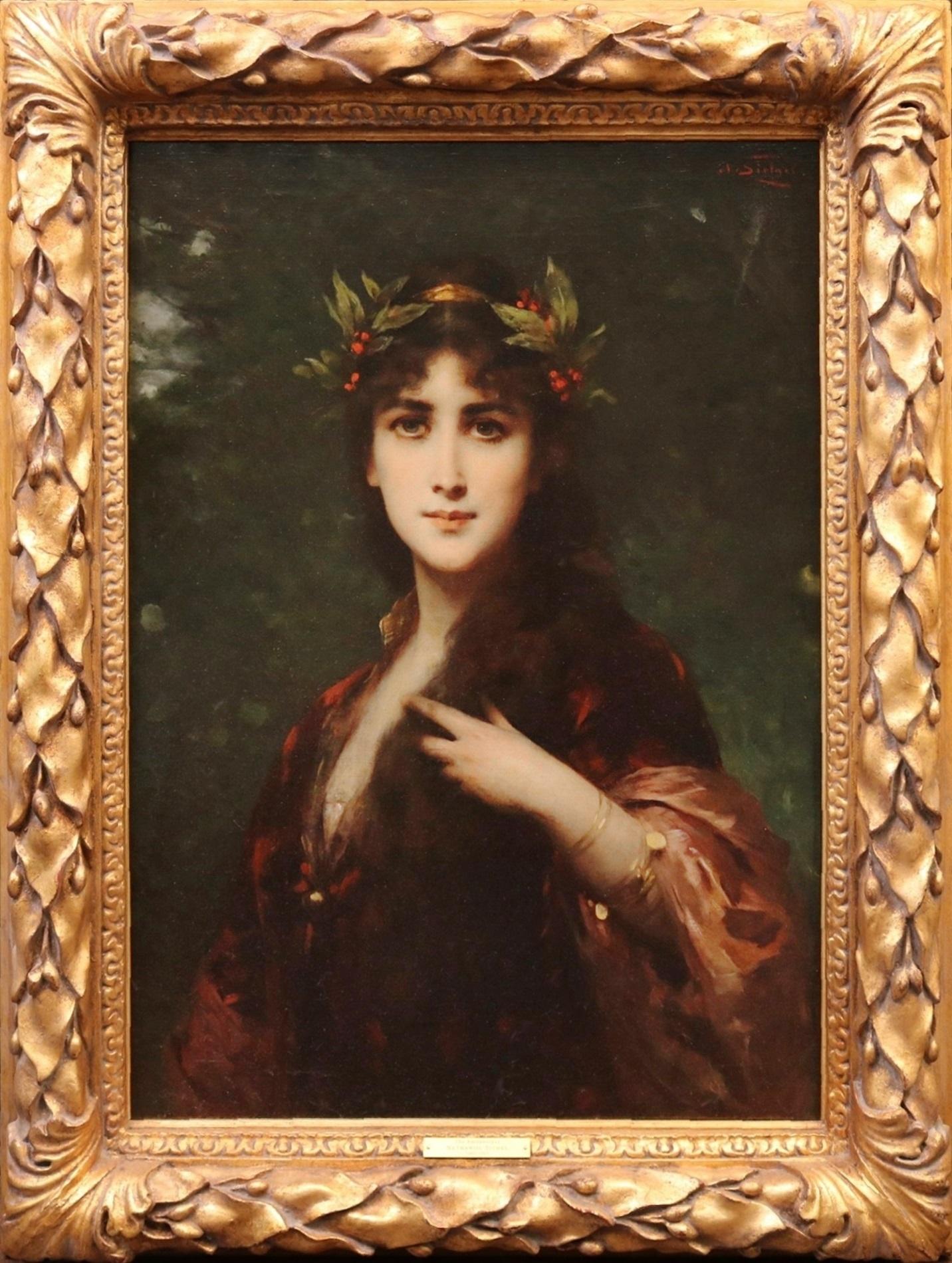 ‘The Enchantress’ by Nathaniel Sichel (1843-1907). This large fine 19th century oil on canvas, depicting a dark-haired beauty wearing a crown of holly, is signed by the artist and hangs in a superb quality carved and gilded Orientalist frame. In