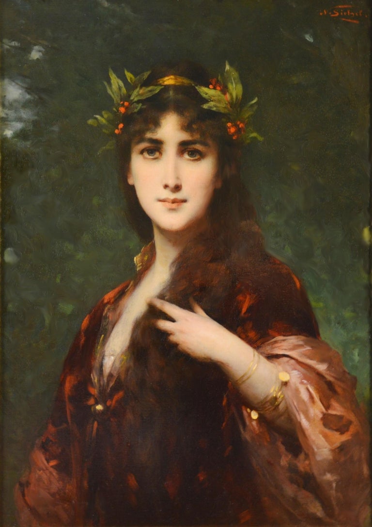 ‘The Enchantress’ by Nathaniel Sichel (1843-1907). This large fine 19th century oil on canvas, depicting a dark-haired beauty wearing a crown of holly, is signed by the artist and hangs in a superb quality carved and gilded Orientalist frame. 

In