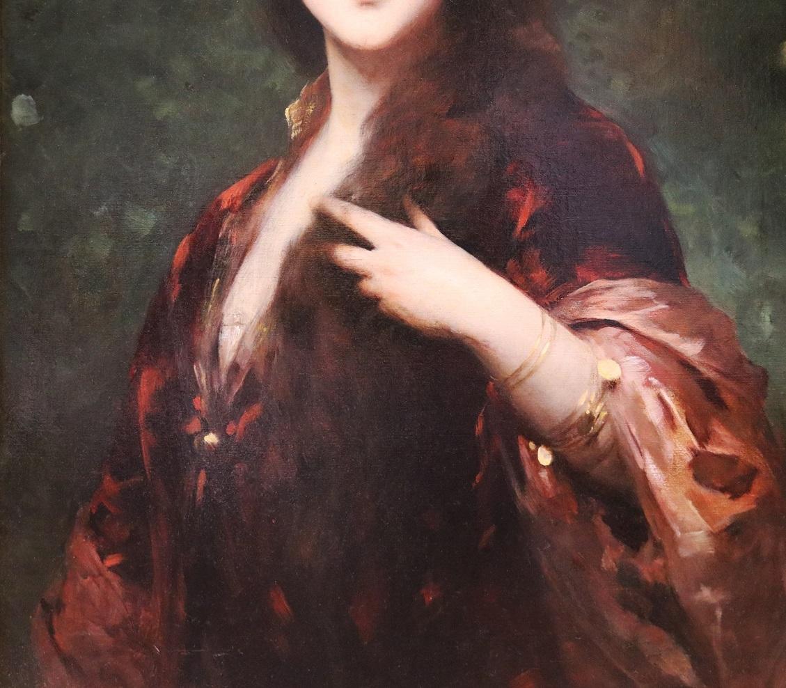 The Enchantress - Large 19th Century French Belle Epoque Portrait Oil Painting  - Brown Portrait Painting by Nathaniel Sichel