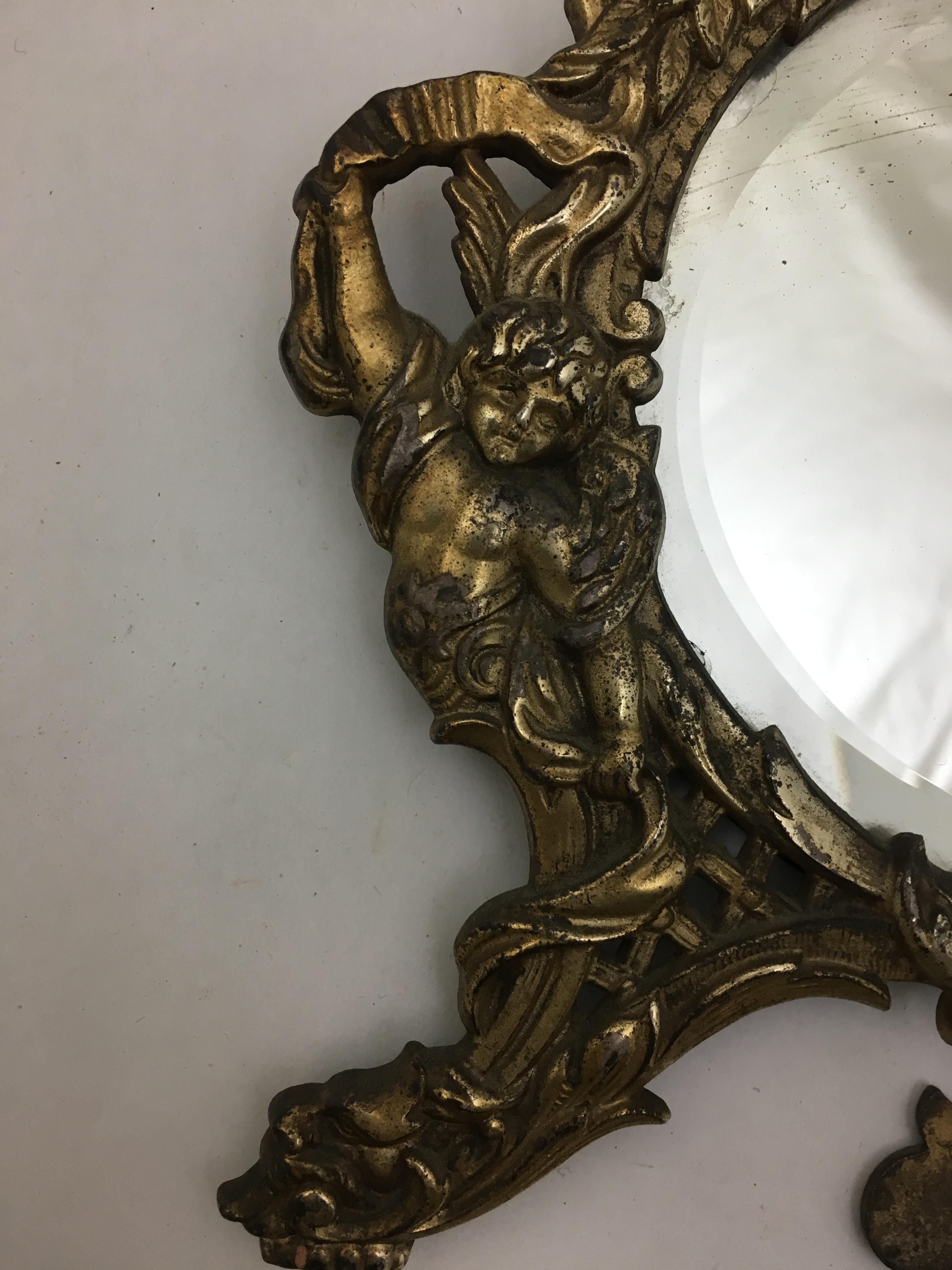 20th Century National Bronze and Iron Works Gilded Iron Mirror with Putti