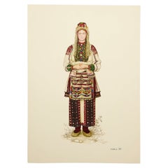 Vintage National Dresses of Macedonia Illustrated Drawing in Plate, 1963