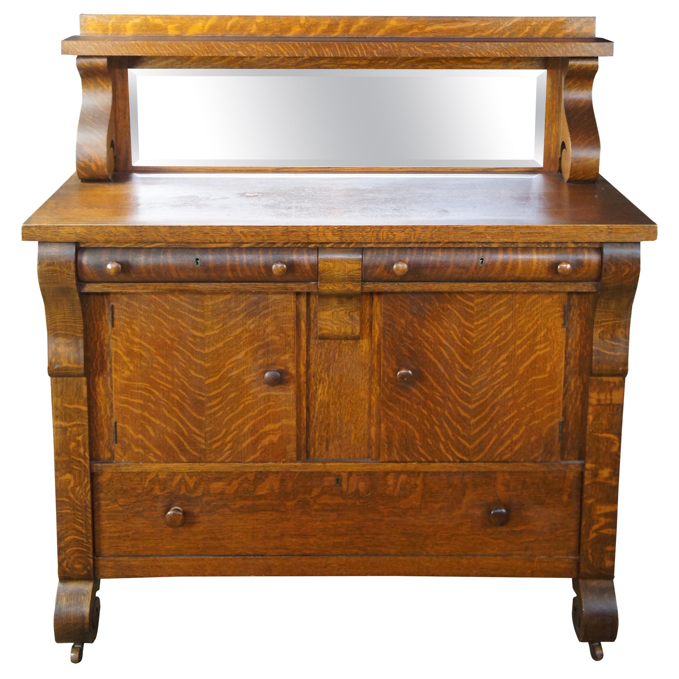 National Furniture Antique Empire Quartersawn Oak Buffet or Sideboard and Mirror