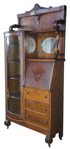 National Furniture Antique Side by Side Secretary Desk and Curved Glass Bookcase