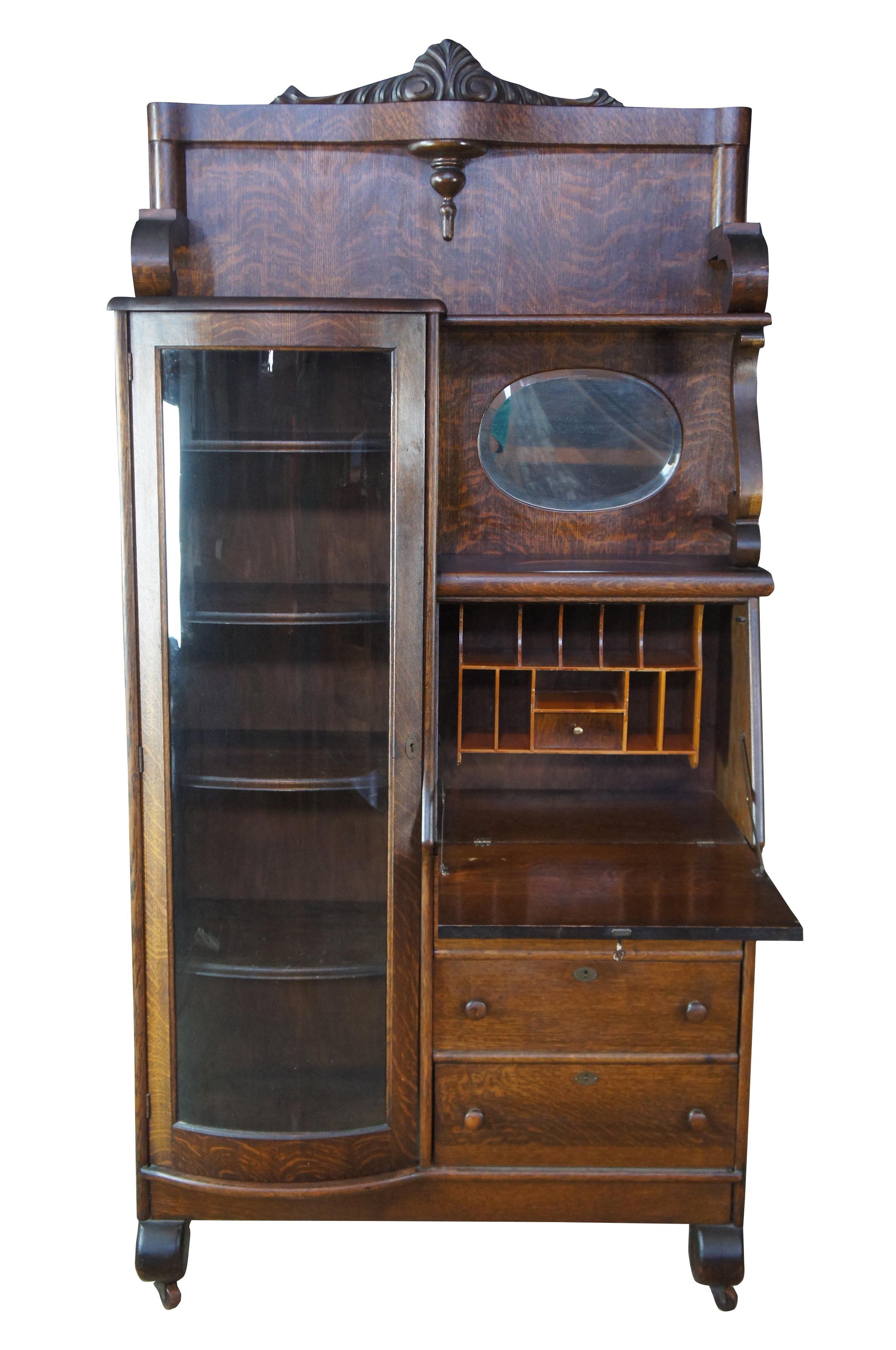 antique secretary desk with curved glass hutch