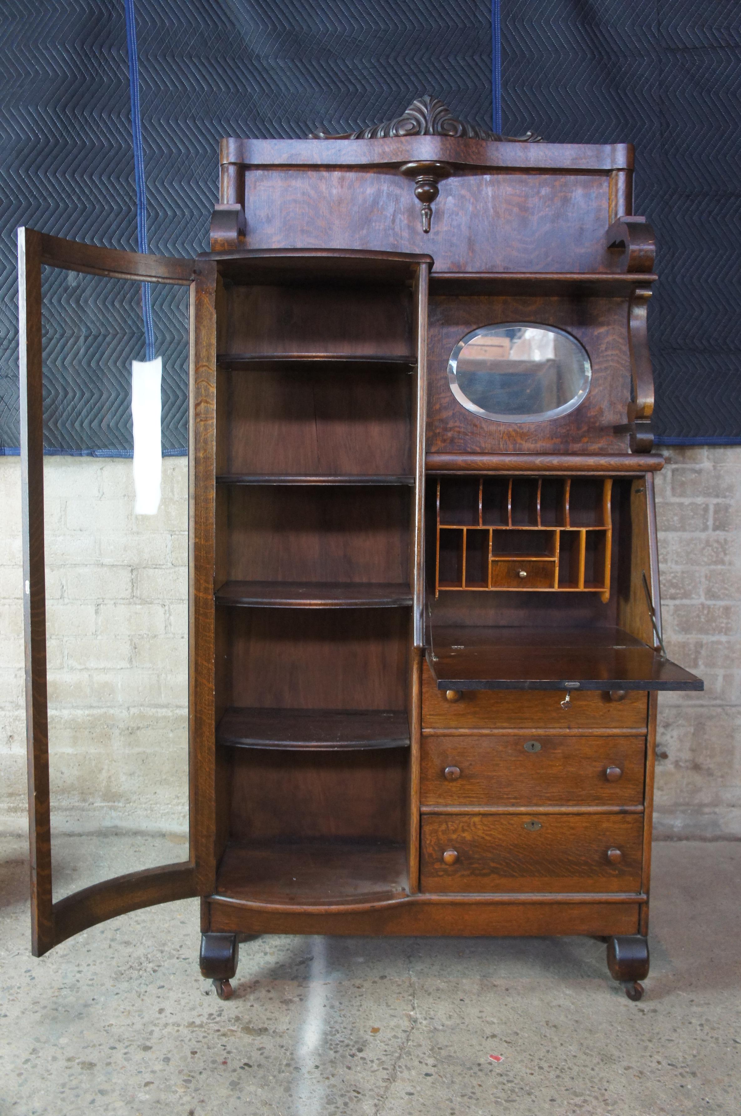 Late Victorian National Furniture Antique Side by Side Secretary Desk and Curved Glass Bookcase