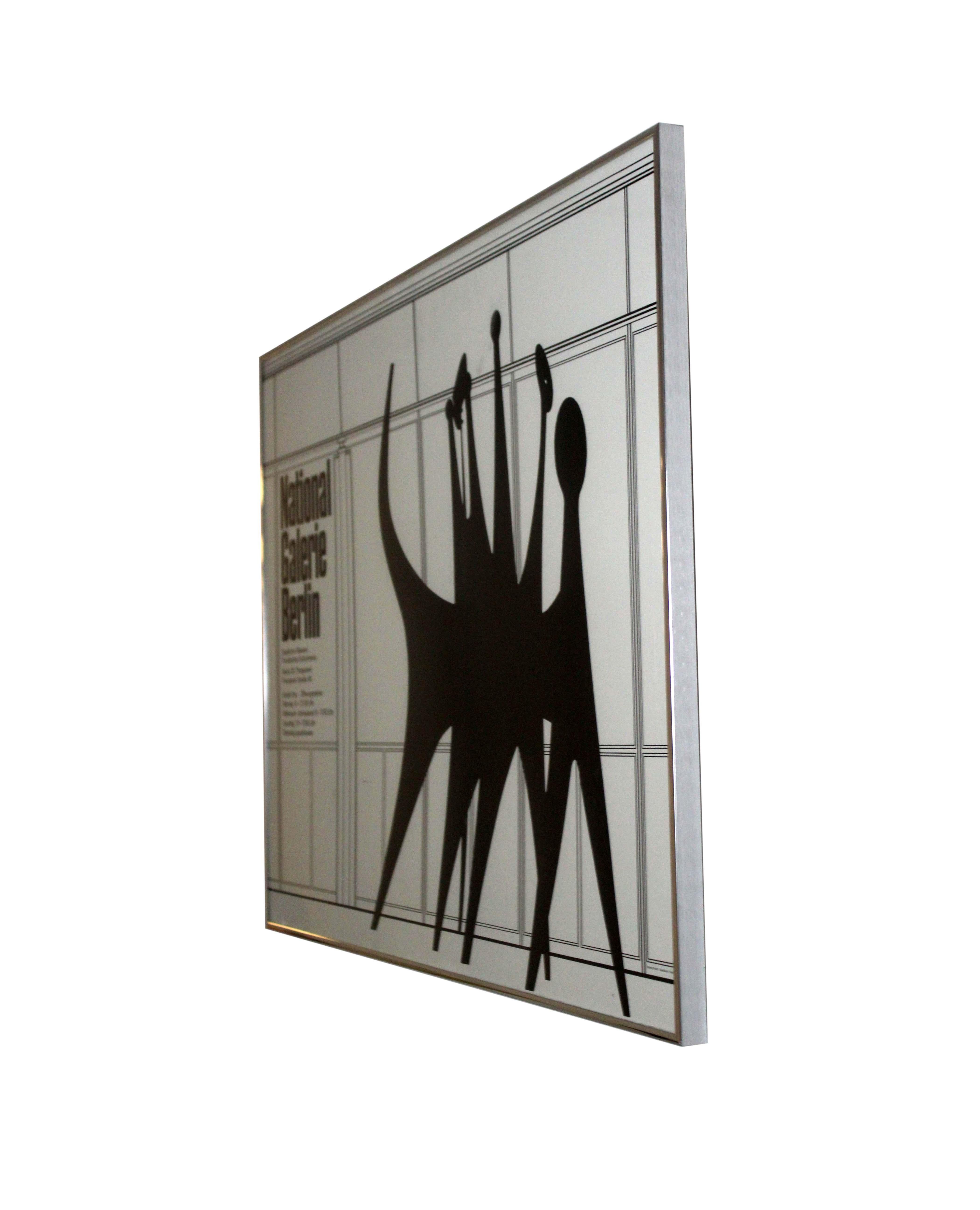 A graphic vintage exhibition poster at National Galerie Berlin in Germany. Showcasing Alexander Calder's monumental sculpture Têtes et Queue from 1965. The iconic sculpture is designed around a simple black and white geometric background. This