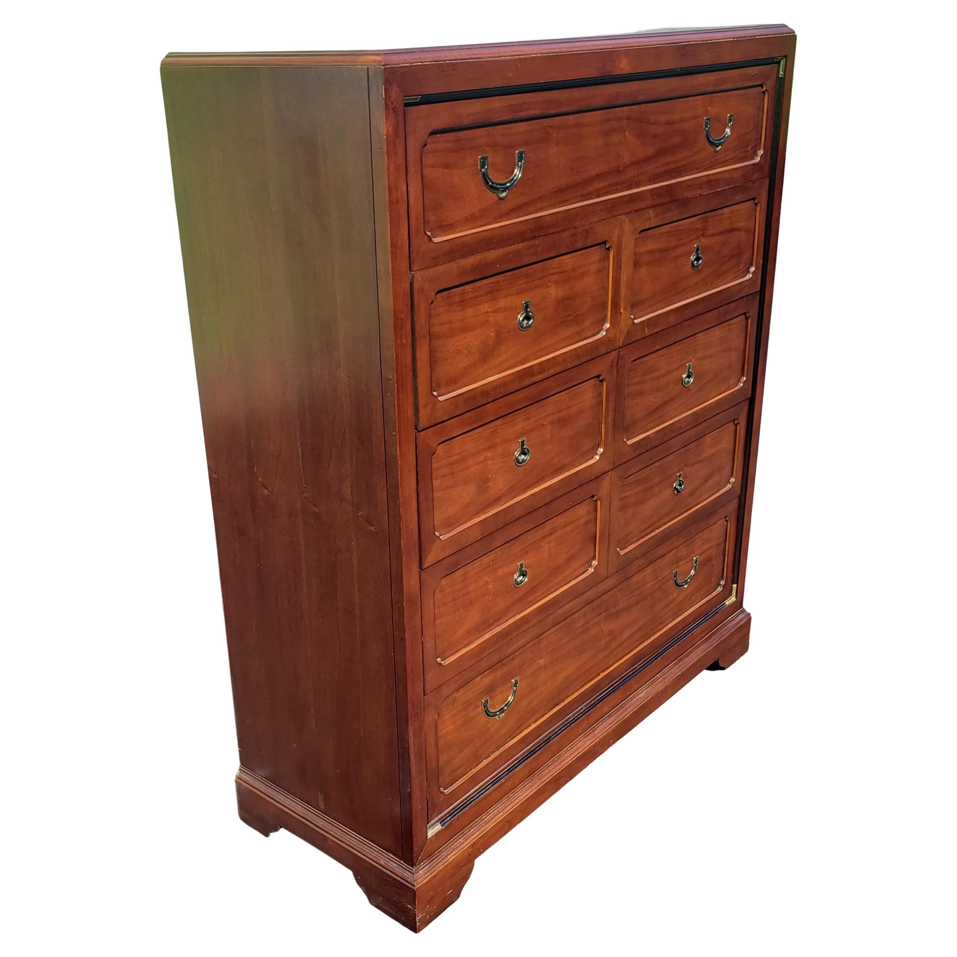 Splendid National Mt Airy campaign chest of drawers. Featuring 5 large drawers, all dovetailed and sliding as intended by the manufacturer.
Very good vintage condition. 
Measures 46
