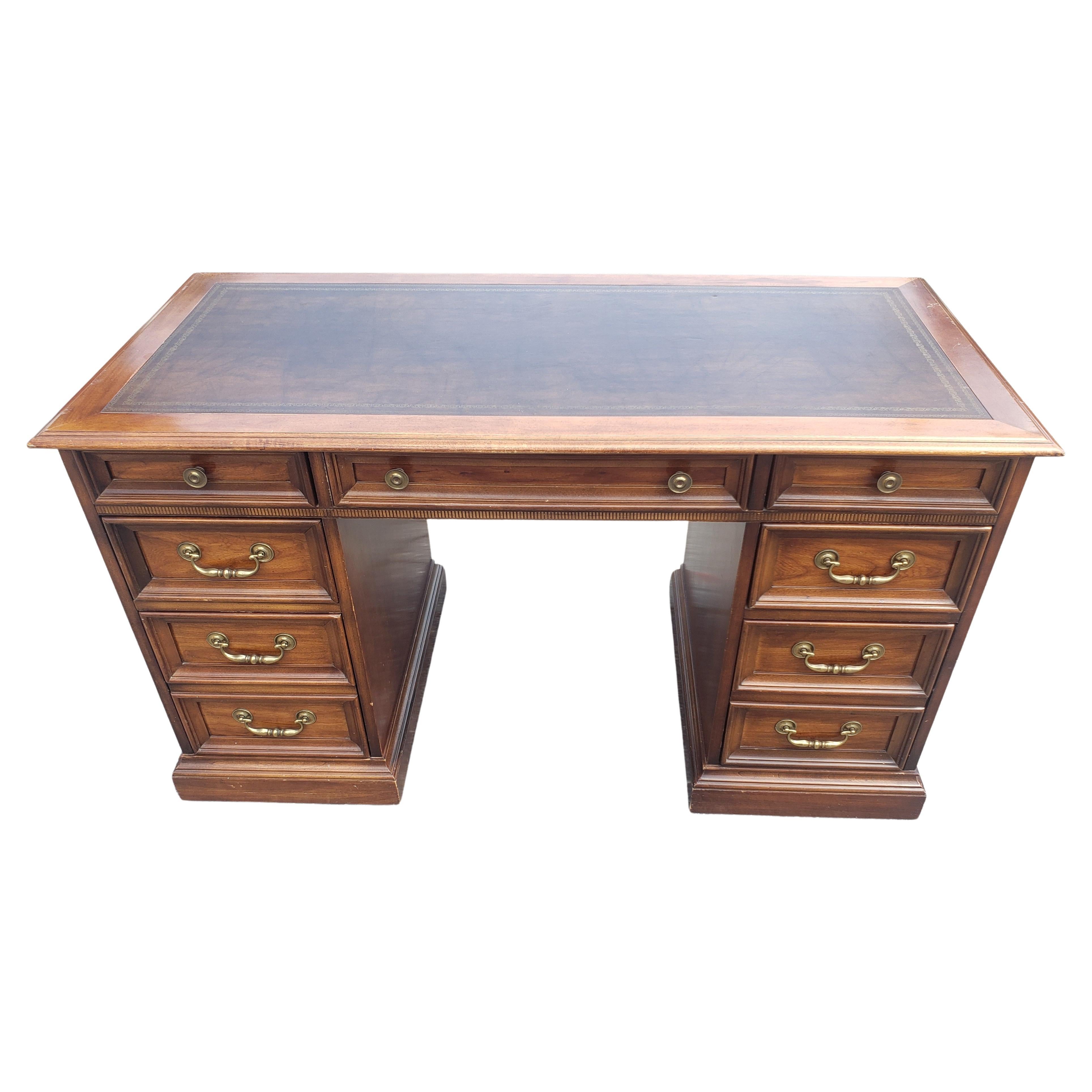 A National Mount Airy Chippendale Mahogany and Tooled Leather Partners Desk in great vintage condition. 
All drawers with dovetail construction and working flawlessly.