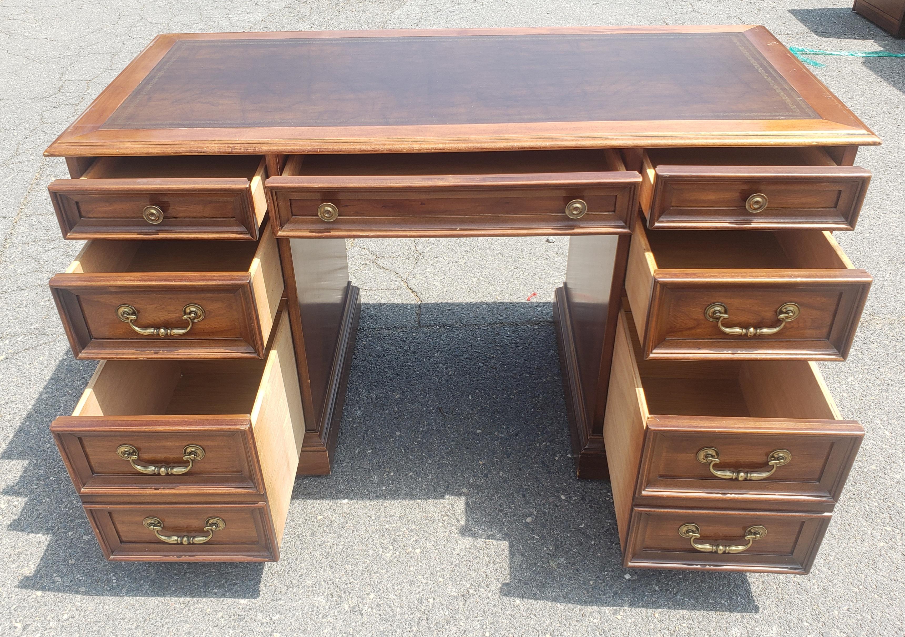 American National Mt Airy Chippendale Mahogany and Tooled Leather Top Partners Desk 