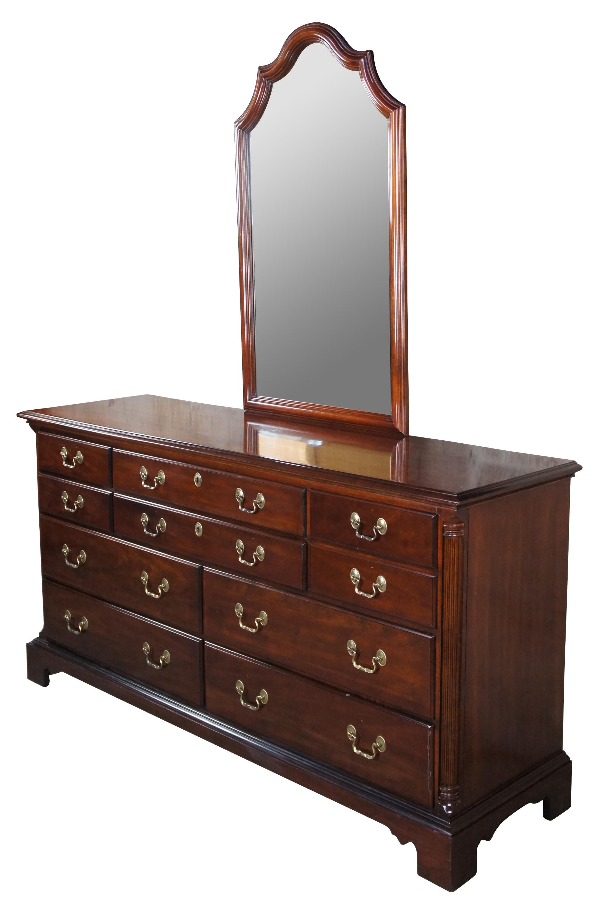 National Mt. Airy Chippendale Style Cherry Double Dresser & Mirror Ten Drawers In Good Condition In Dayton, OH