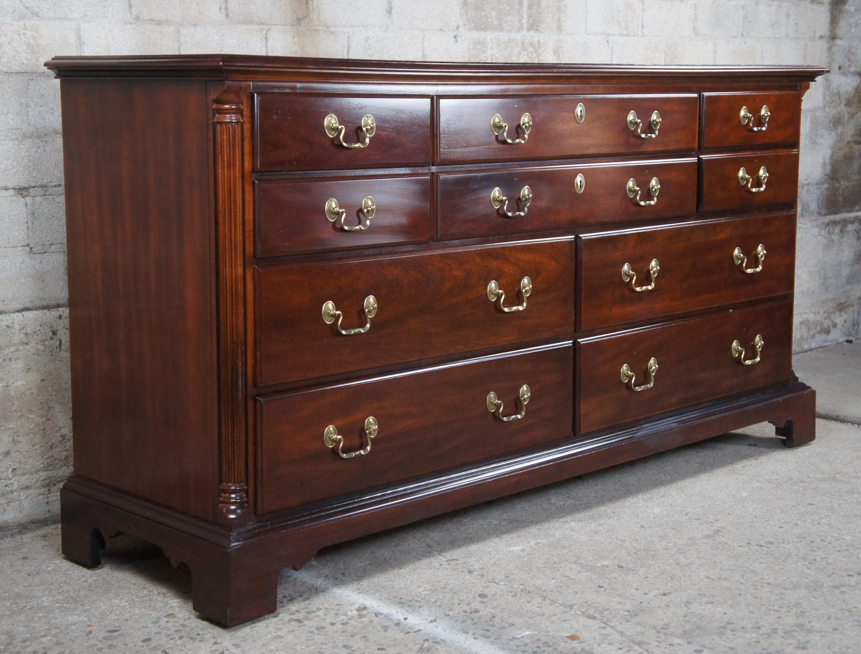 20th Century National Mt. Airy Chippendale Style Cherry Double Dresser & Mirror Ten Drawers