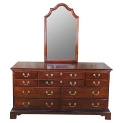 Vintage National Mt. Airy Chippendale Style Cherry Double Dresser & Mirror Ten Drawers