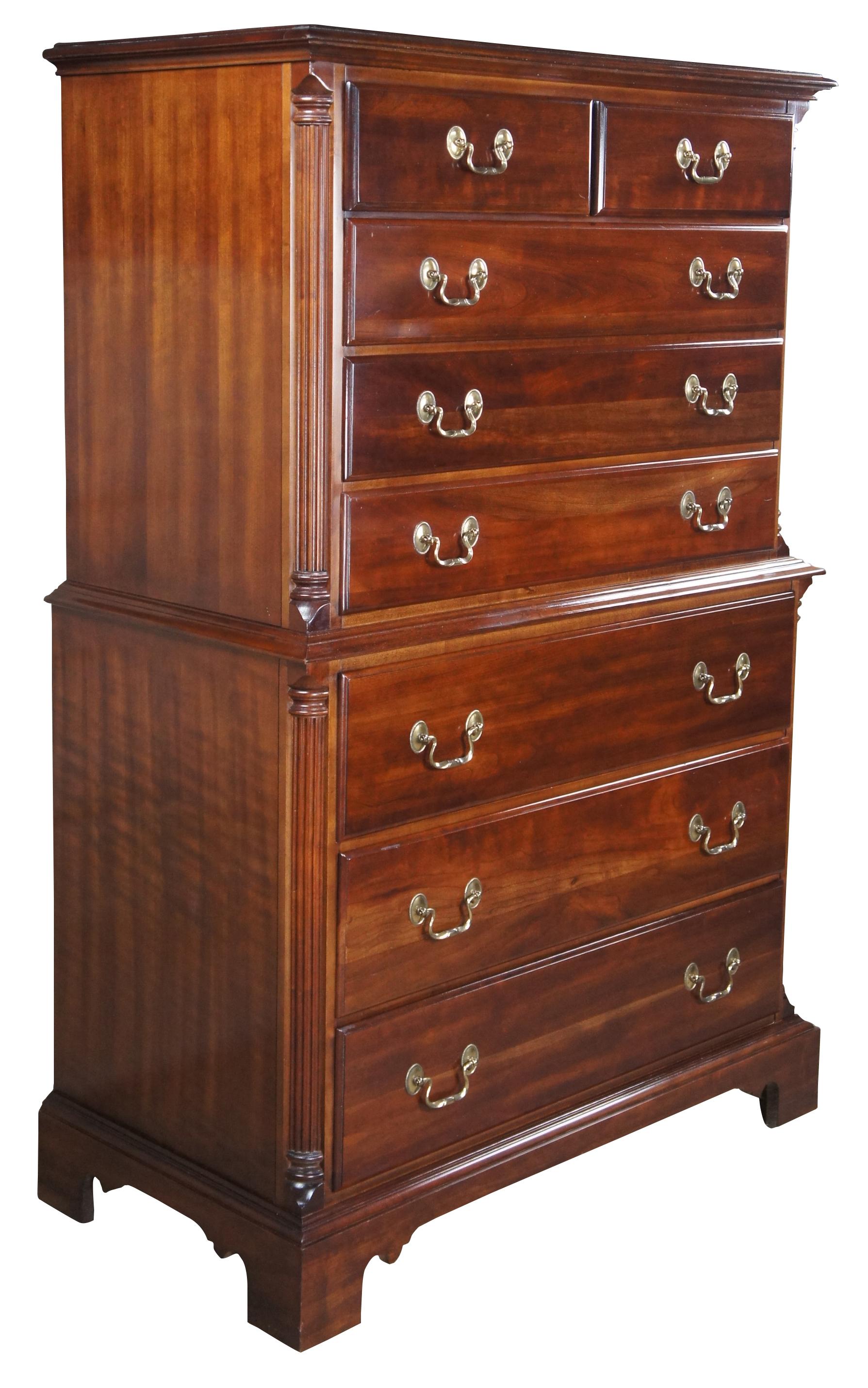 Vintage National Mt. airy fruniture company dresser, circa last quarter 20th century. A chest on chest form made from cherry. featuring quarter cut columns, bracket feet and brass bale drawer pulls. 1092, 252.

Mount Airy of North Carolina's roots