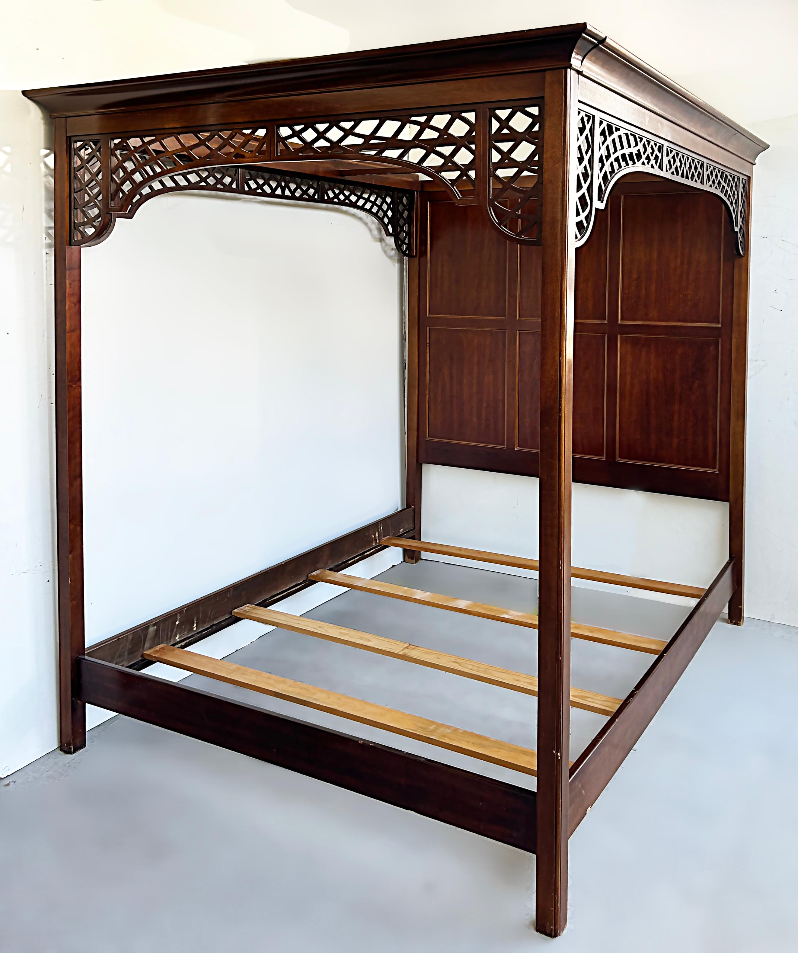 National Mt. Airy Queen Four Poster Canopy Bed Frame in Cherry 

Offered for sale is a queen-size National Mt. Airy campaign-style four-poster cherry wood canopy bed with open fretwork decorative frame. The bed has a paneled back, a headboard, a