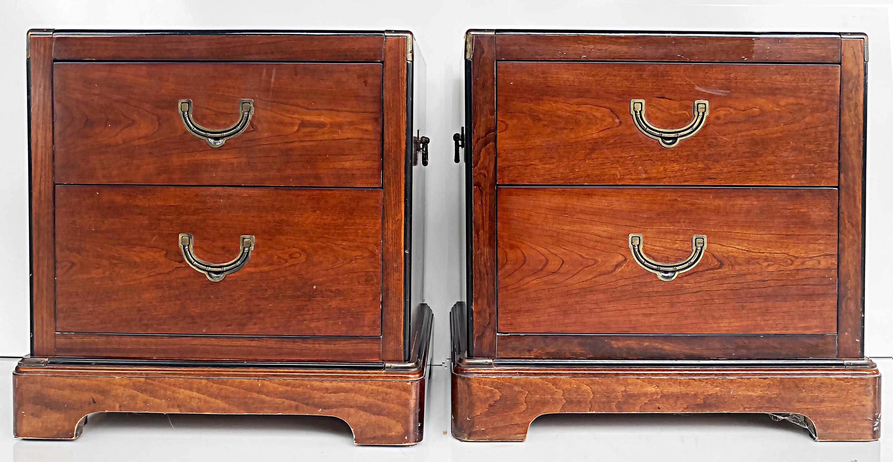Mid-20th Century National Mt. Airy Mahogany Campaign Style Night Stands with Brass Hardware, Pair