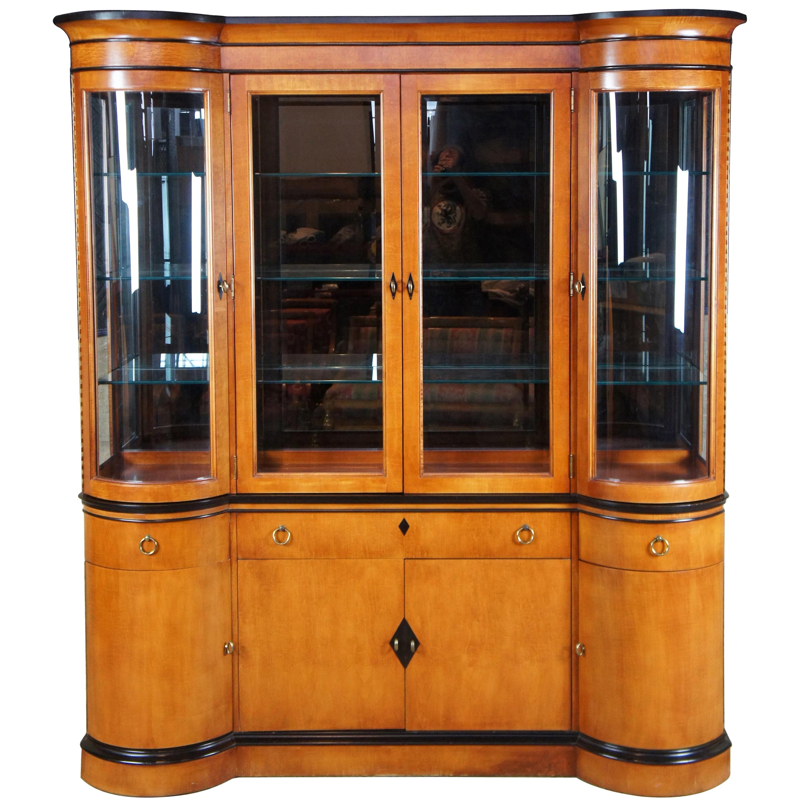 National Mt. Airy Maple Biedermeier Style Curved Glass Breakfront China Cabinet
