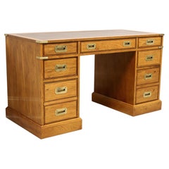 NATIONAL MT. AIRY Oak Campaign Style Kneehole Desk with Leather Writing Surface