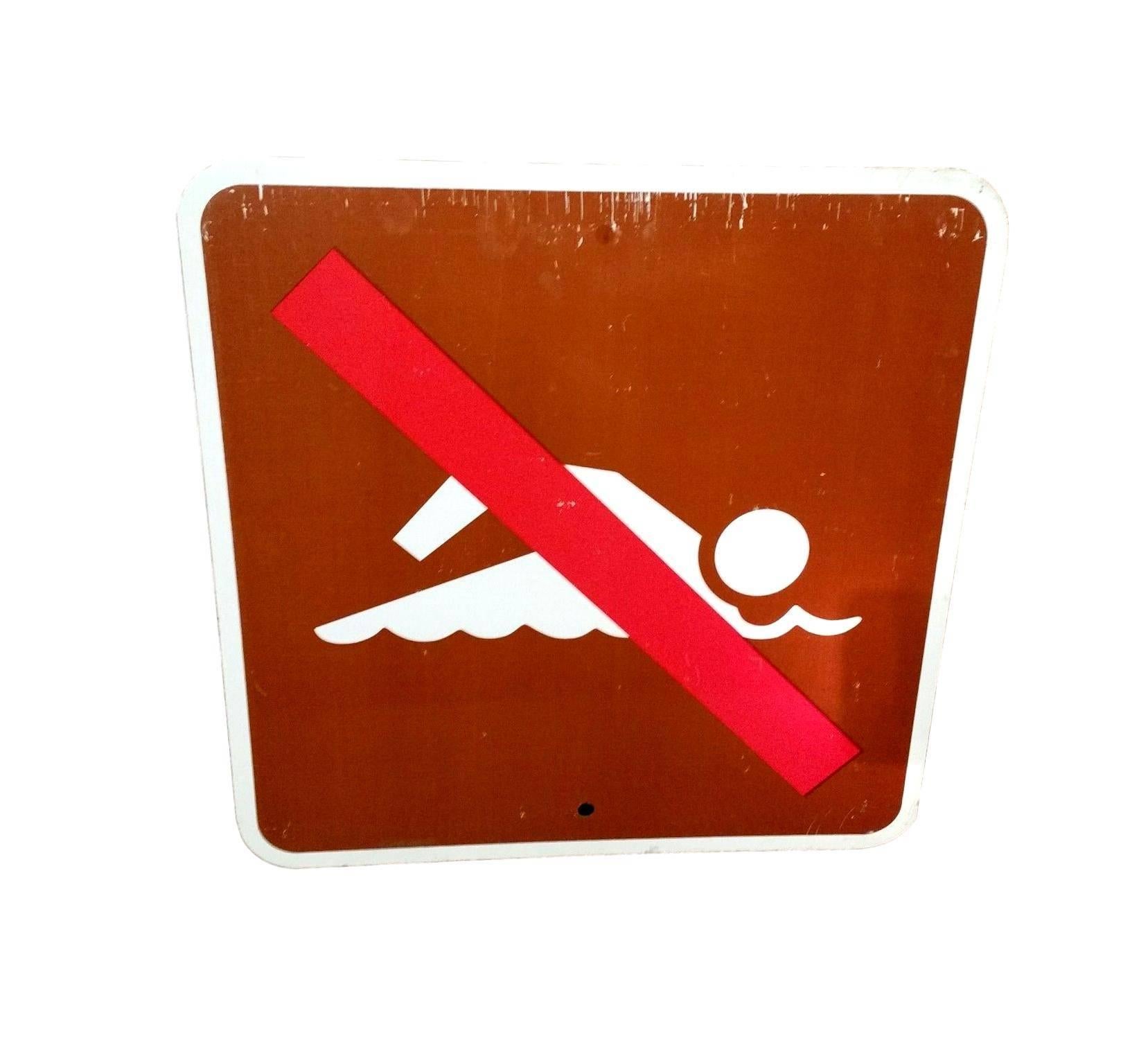Cool vintage sign from a national state park. Brown sign of a swimmer with a red slash. Great colors. Great pool house or beach house art.