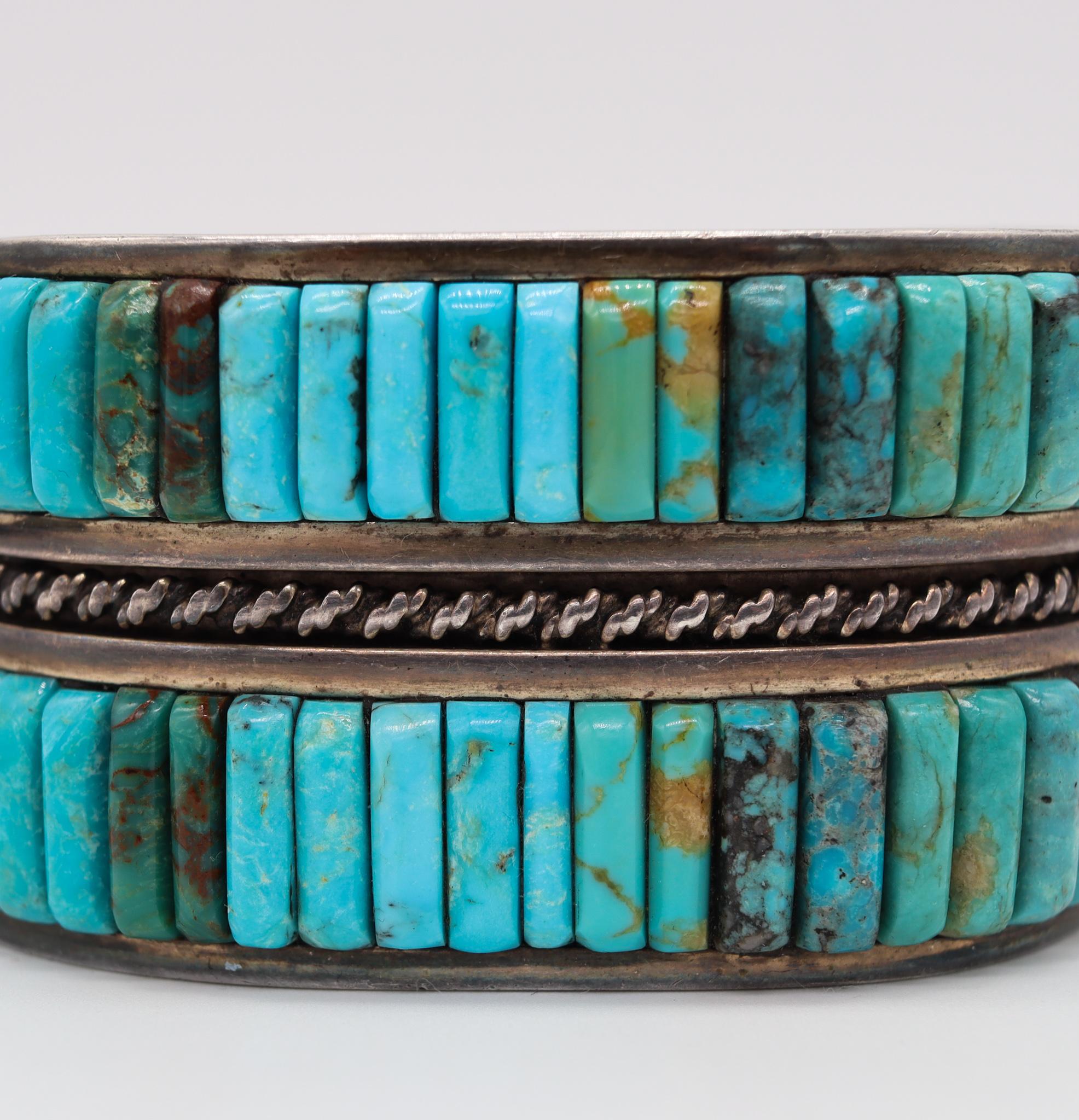 Native American 1960 Navajo Bracelet Cuff in .935 Sterling Silver with Turquoise In Excellent Condition In Miami, FL