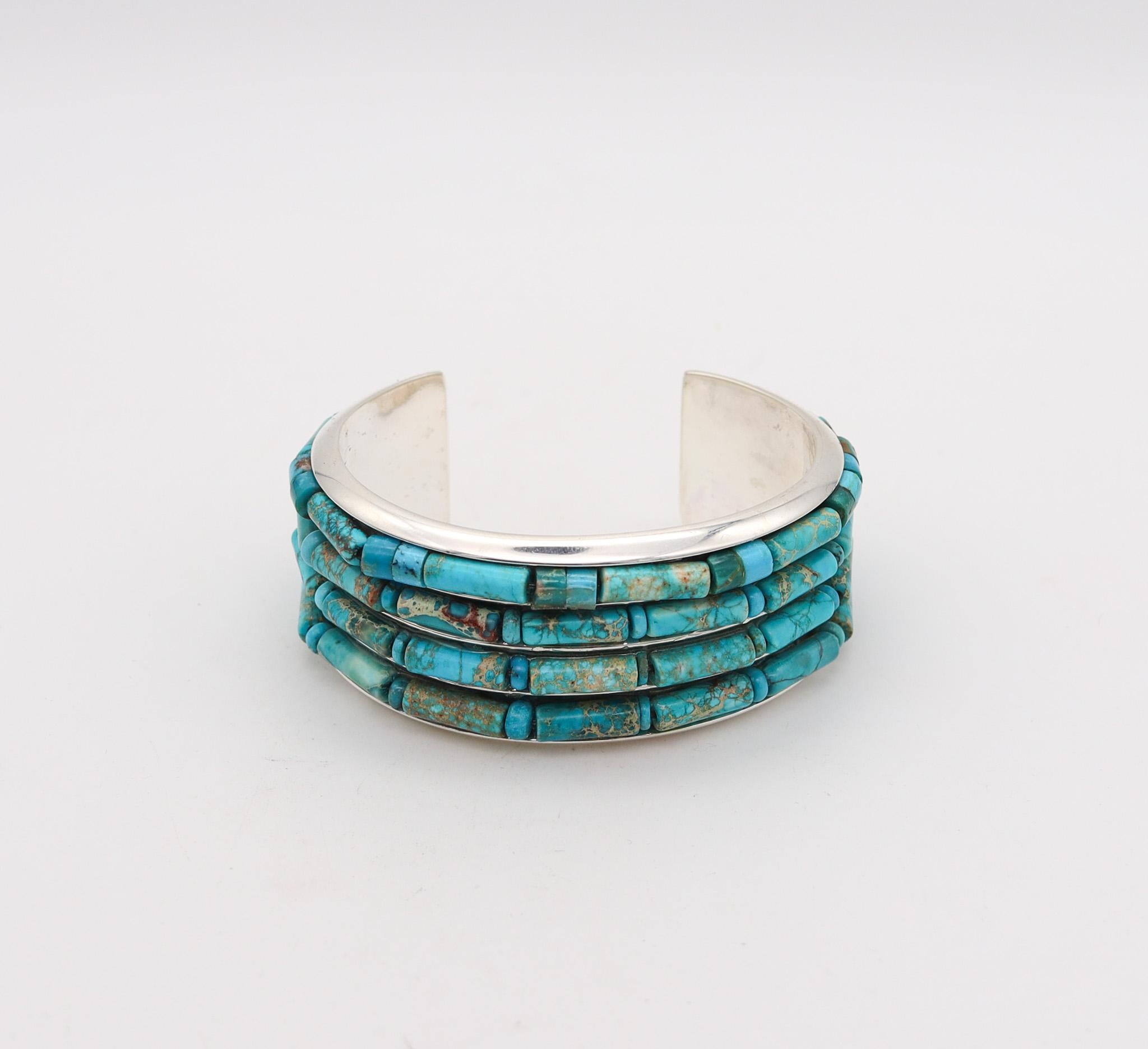 Cabochon Native American 1970 Cuff Bracelet In .925 Sterling Silver With Blue Turquoises