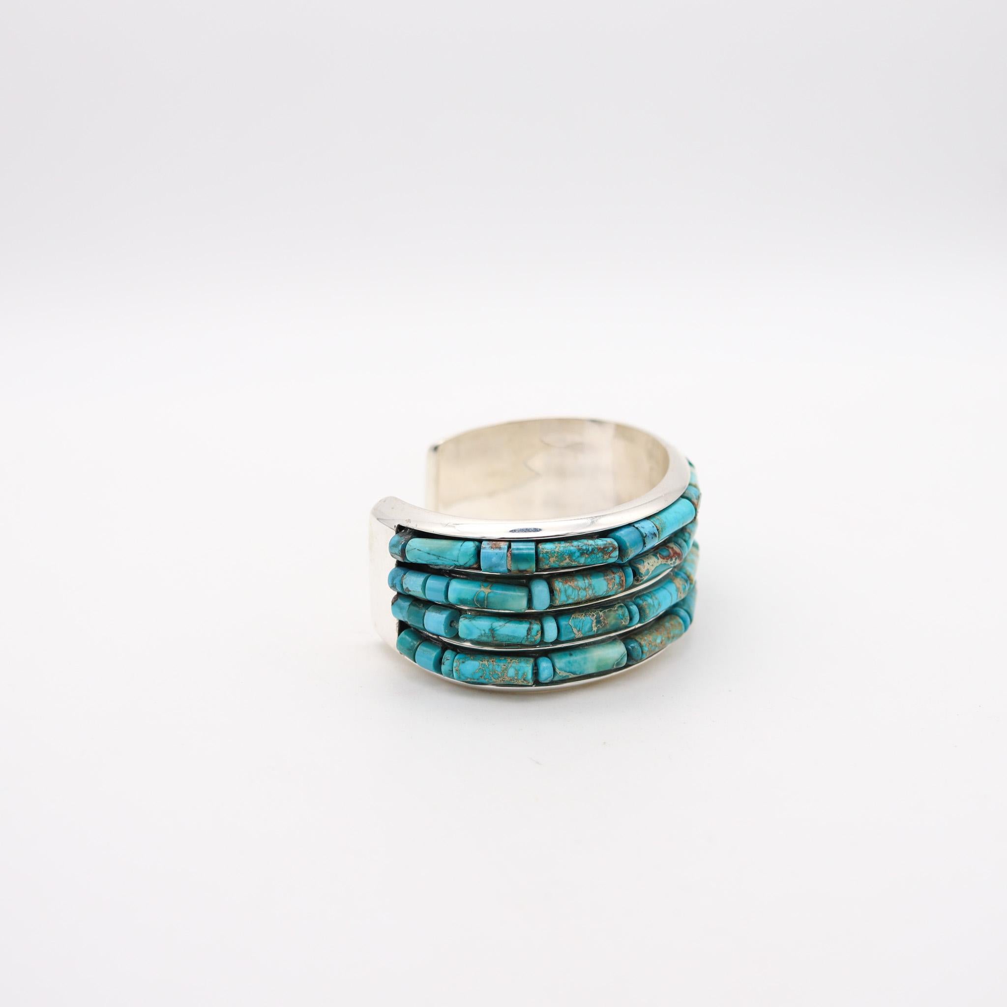 Native American 1970 Cuff Bracelet In .925 Sterling Silver With Blue Turquoises In Excellent Condition In Miami, FL