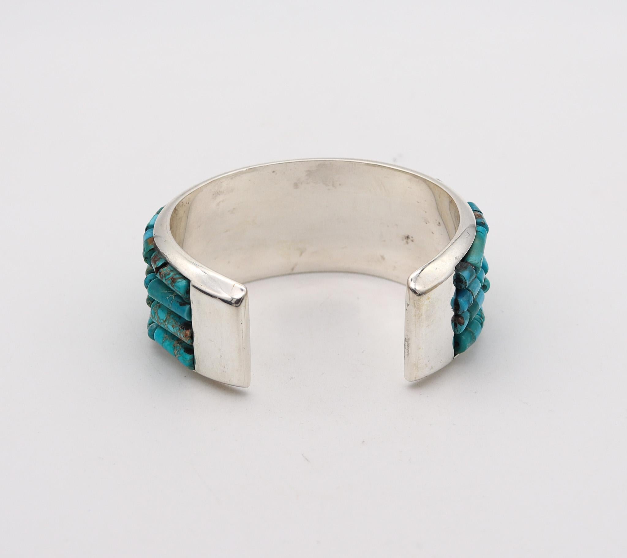 Women's or Men's Native American 1970 Cuff Bracelet In .925 Sterling Silver With Blue Turquoises