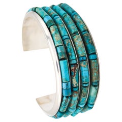 Native American 1970 Cuff Bracelet In .925 Sterling Silver With Blue Turquoises