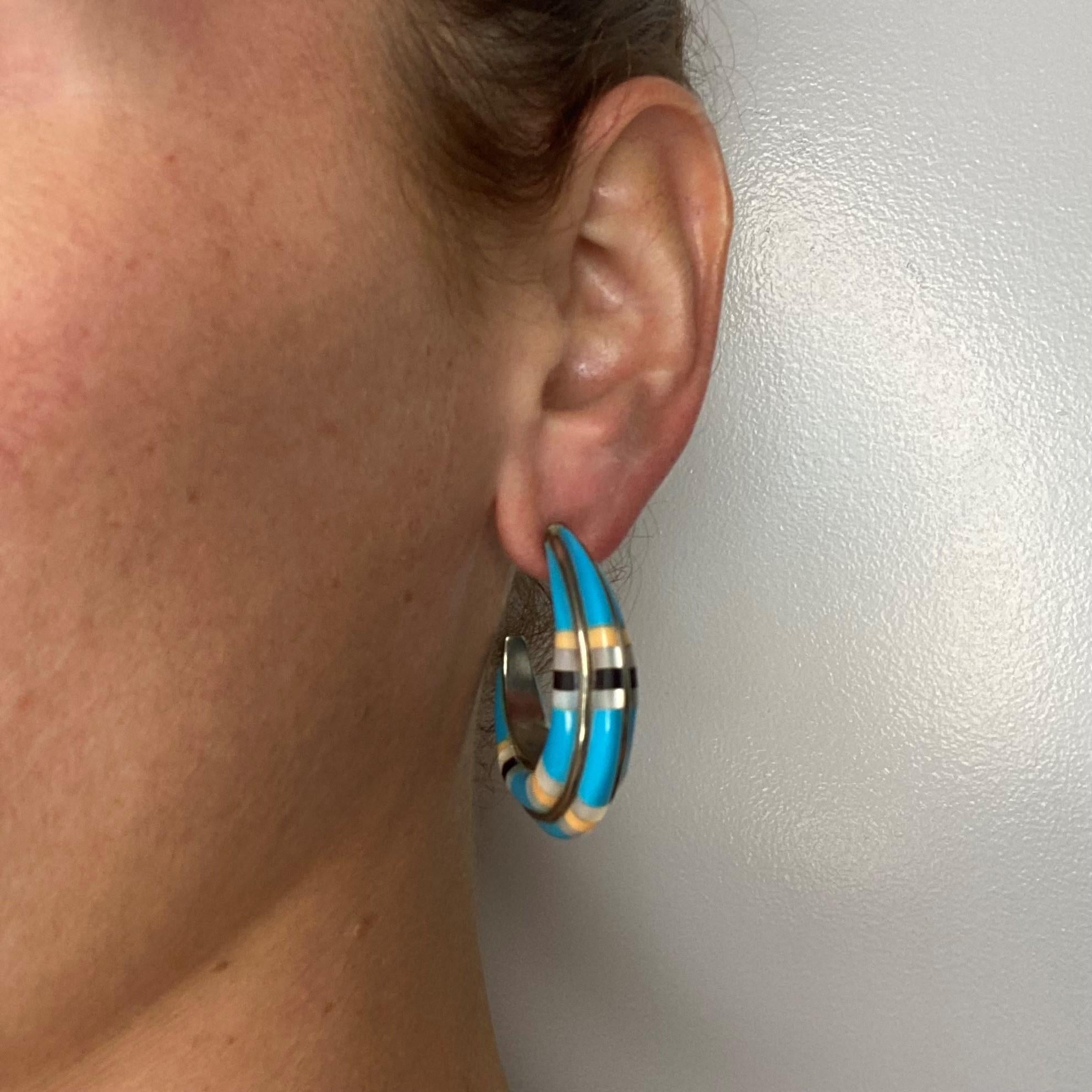 Mixed Cut Native American 1970 Navajo Hoops Earrings in 935 Sterling Silver with Turquoise