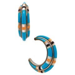 Native American 1970 Navajo Hoops Earrings in 935 Sterling Silver with Turquoise