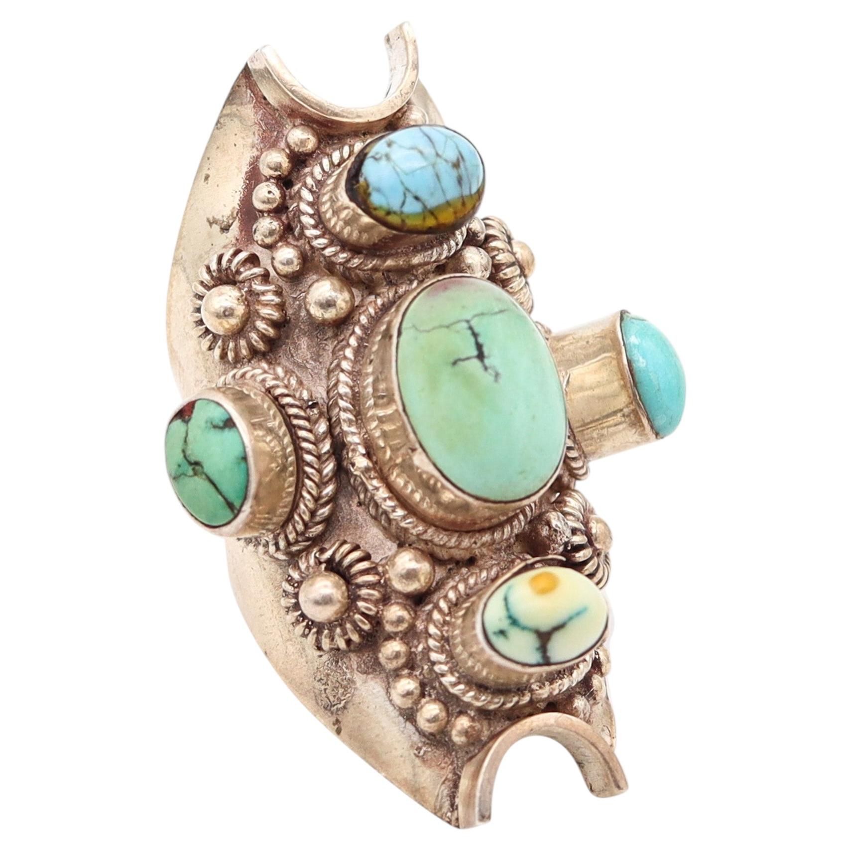 Anello scultoreo NATIVE AMERICAN 1970 in argento 925 e turchese dell'Arizona