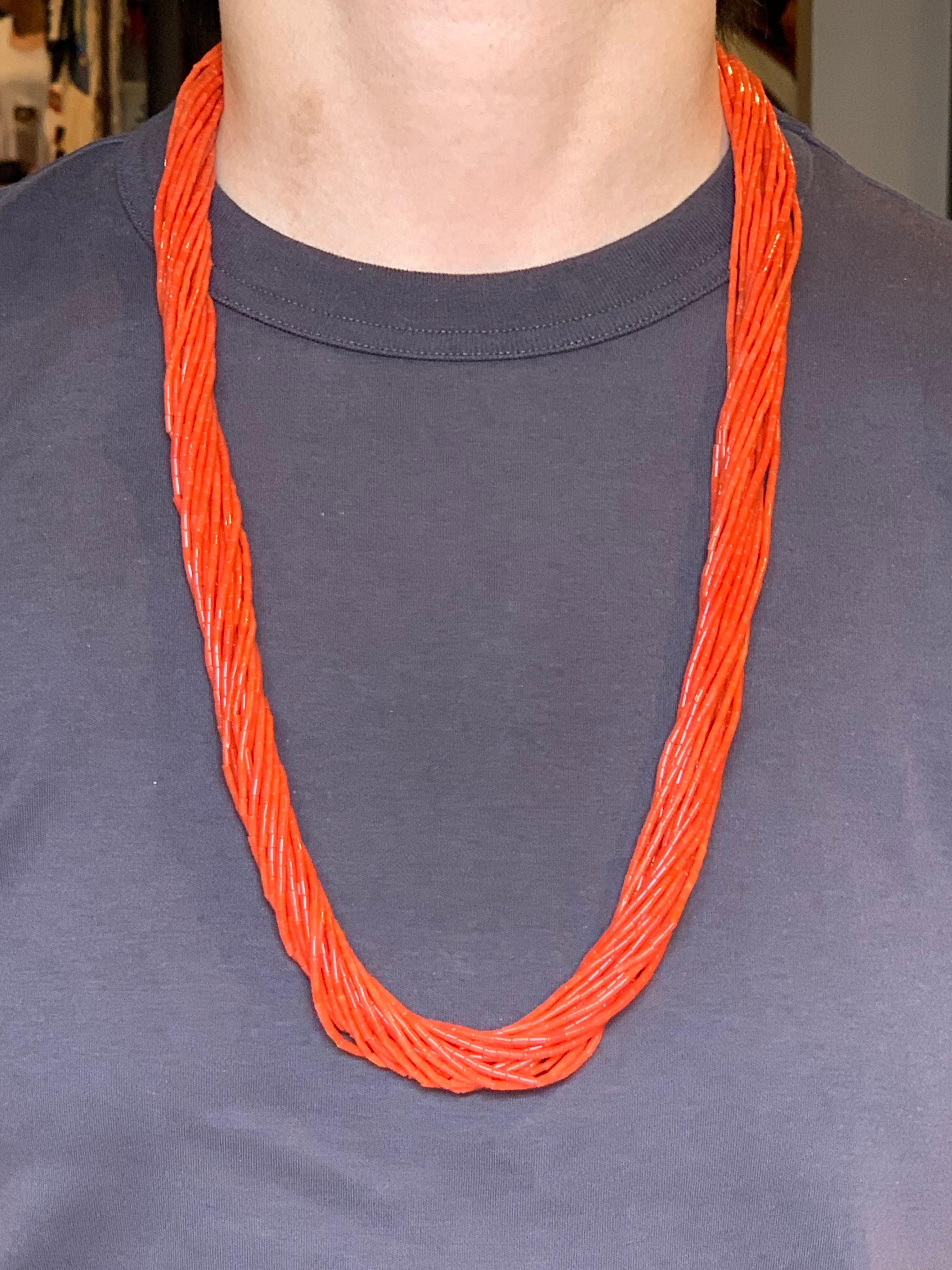Native American 20-Strand Mediterranean Coral Beaded Necklace For Sale 16