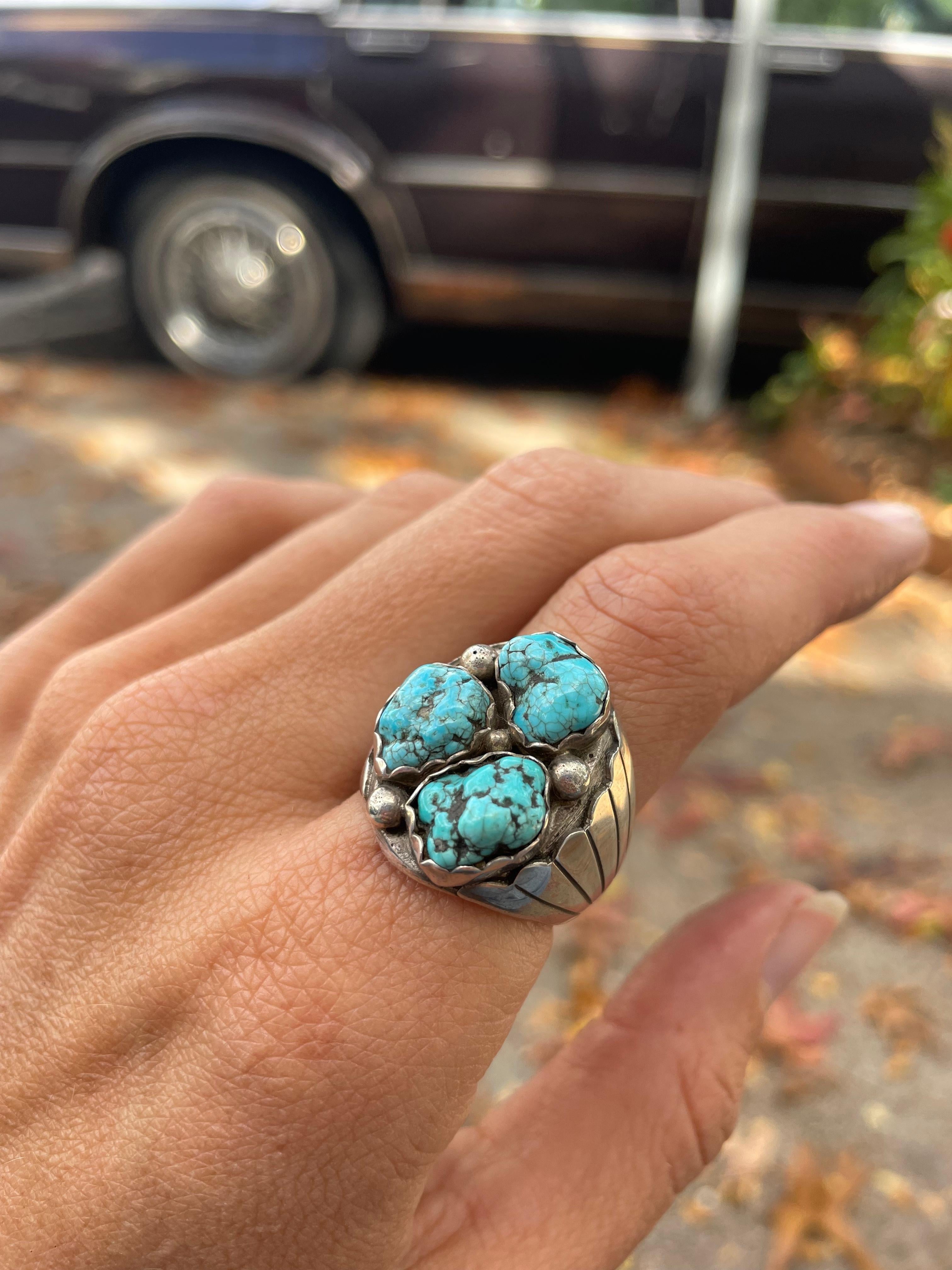 Mixed Cut Native American 3 Stone Raw Turquoise Vintage Ring  For Sale