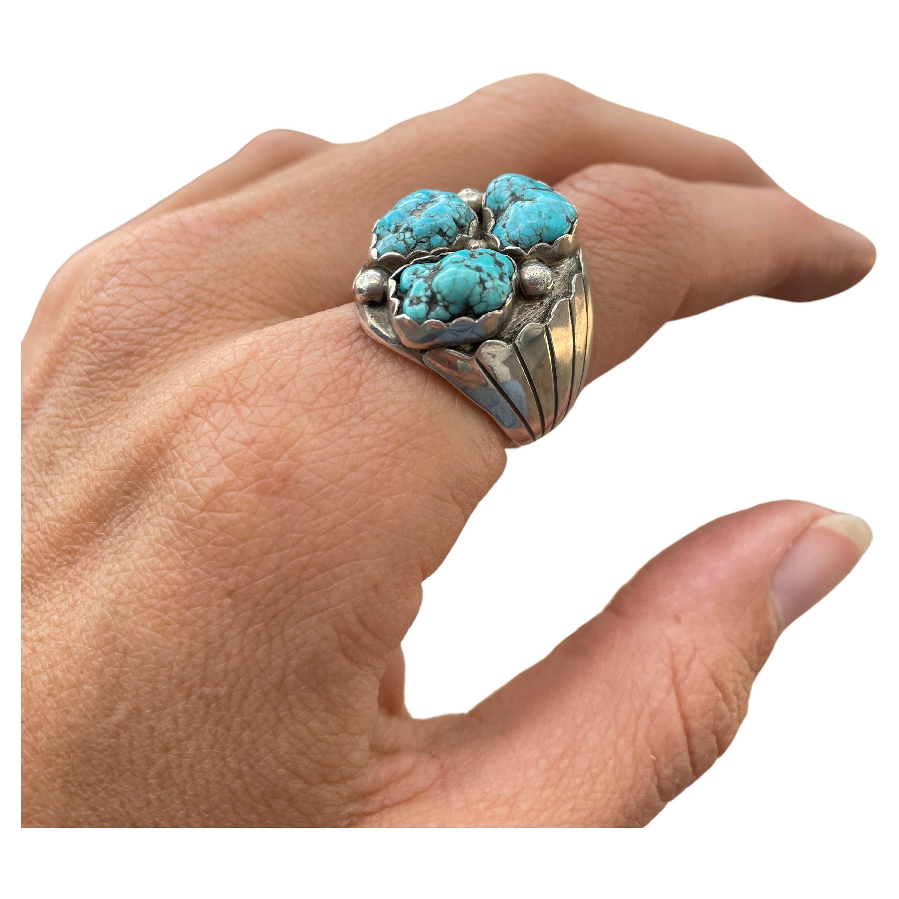 Native American 3 Stone Raw Turquoise Vintage Ring  For Sale