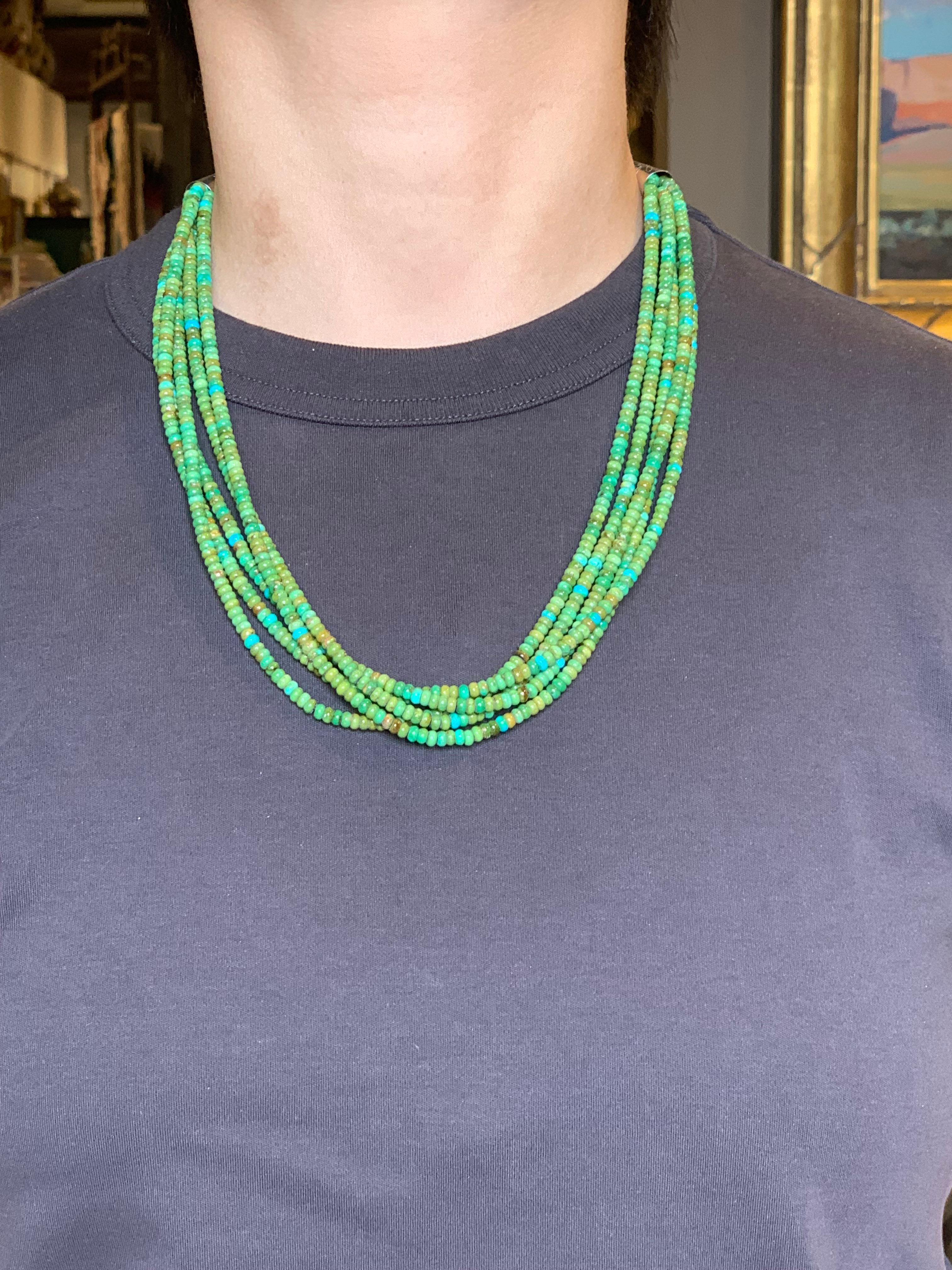 Native American 5-Strand Sonoran Gold Turquoise Beaded Necklace For Sale 14