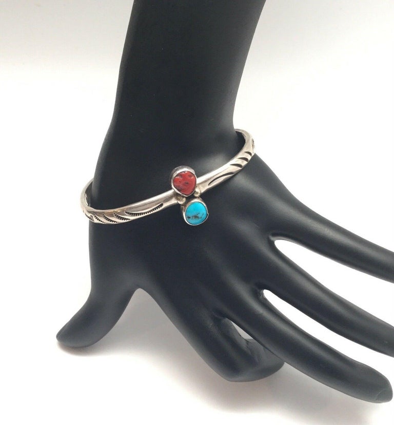 Native American A. J. Platero Sterling Silver Turquoise Coral Cuff Bracelet at 1stDibs