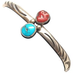 Native American A. J. Platero Sterling Silver Turquoise Coral Cuff Bracelet