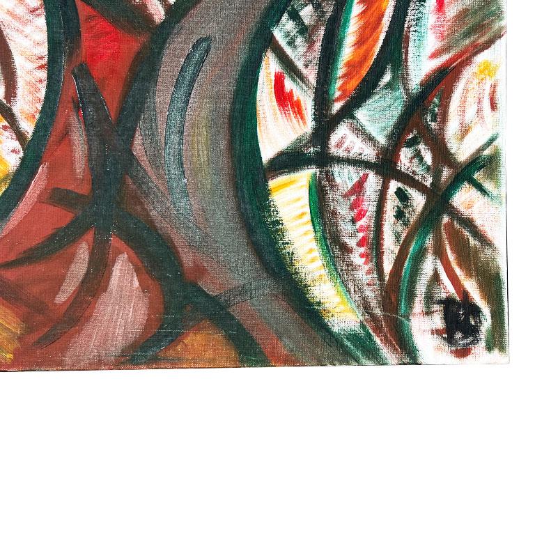 A Native American abstract landscape painting of a grouping of teepees. Created on acrylic primed canvas, this piece is a great example of expressionist or abstract art. It uses a variety of bright and bold colors including Red, Green, Brown,