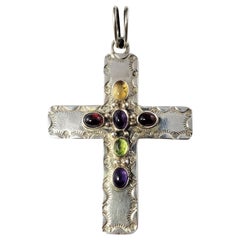 Vintage Native American AC Sterling Silver Multi-Stone Cross Pendant