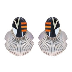 Native American Al Nez Navajo Onyx Spiny Oyster Large Drop Earrings Sterling 925